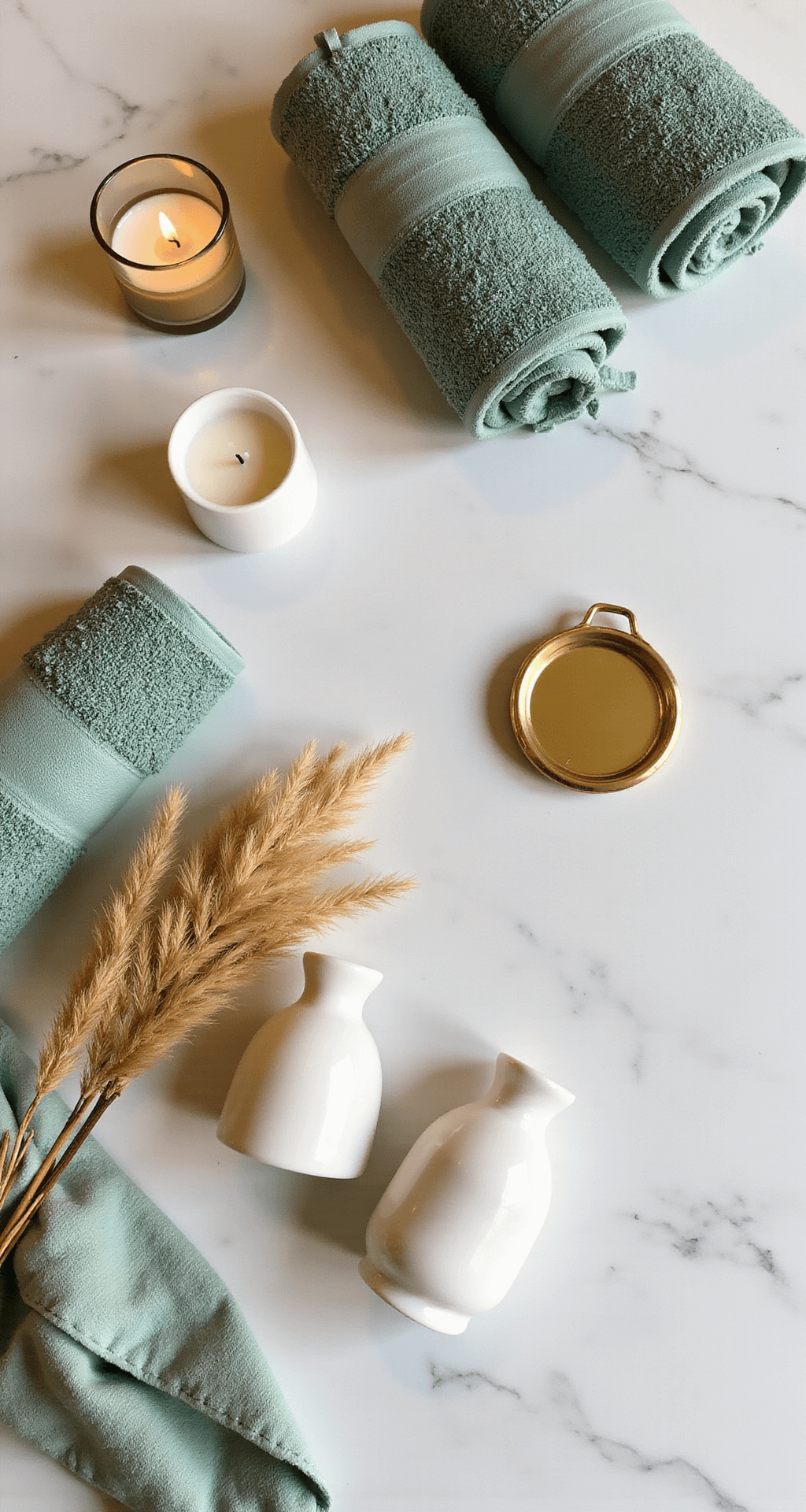 Bathroom Decor Secrets: Transform Your Space in Hours, Not Weeks Instagram-worthy bathroom flat lay featuring a pristine white marble surface with eucalyptus-green towels, white ceramic accessories, a brass mirror compact, dried pampas grass, and vanilla candles in glass holders, all arranged in an asymmetrical balance during golden hour lighting.