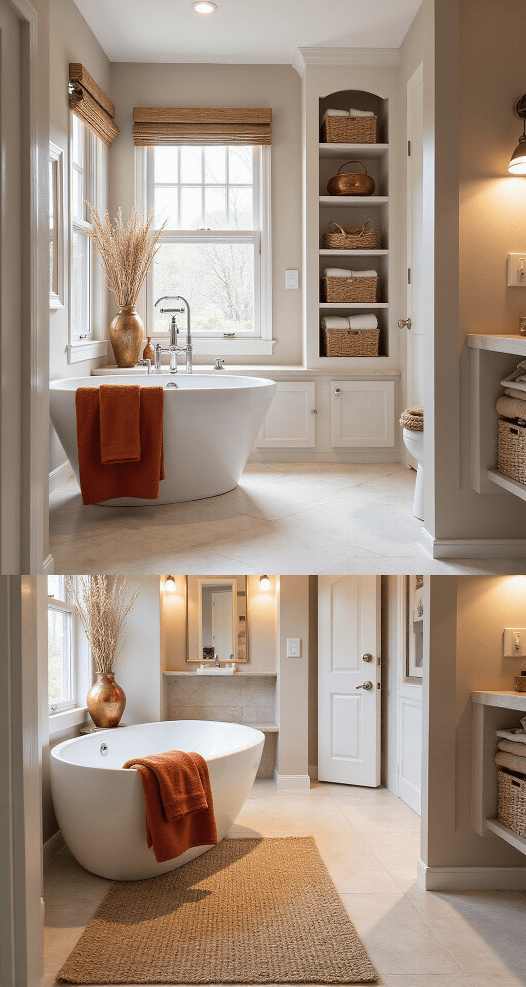 Bathroom Decor Secrets: Transform Your Space in Hours, Not Weeks Spacious autumn-themed bathroom featuring a freestanding white bathtub, warm earth tones, terracotta towels, a jute rug, copper accessories, and dried wheat in a vase, illuminated by natural light and warm LED fixtures, showcasing a cozy seasonal transformation.