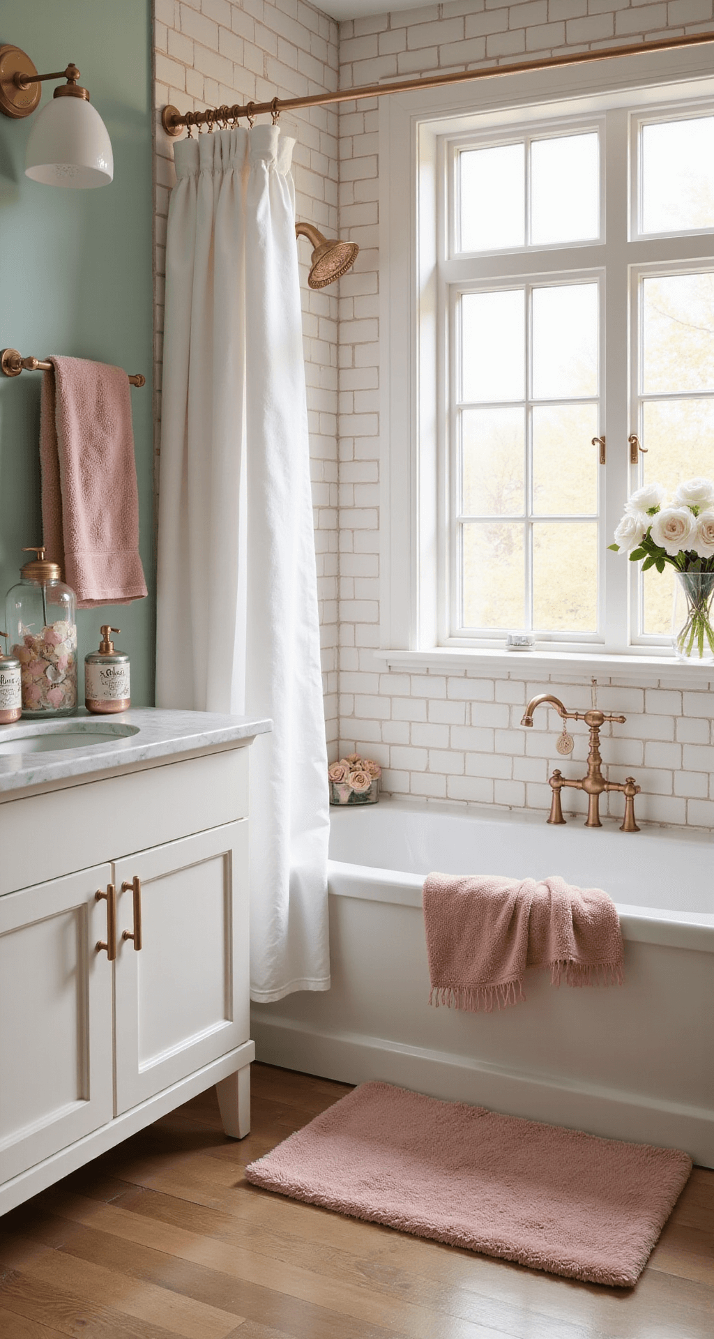 Creating the Perfect Girly Bathroom: A Fun and Fabulous Design Guide Photorealistic girly bathroom featuring pink and mint green colors, with morning light illuminating white subway tiles and a floating vanity adorned with gold hardware and decorative jars. Blush towels hang from gold bars, and a ruffled shower curtain frames the tub, while a dusty rose mat complements the hardwood floors. A vase of peonies accents the marble countertop, creating a warm, inviting atmosphere.