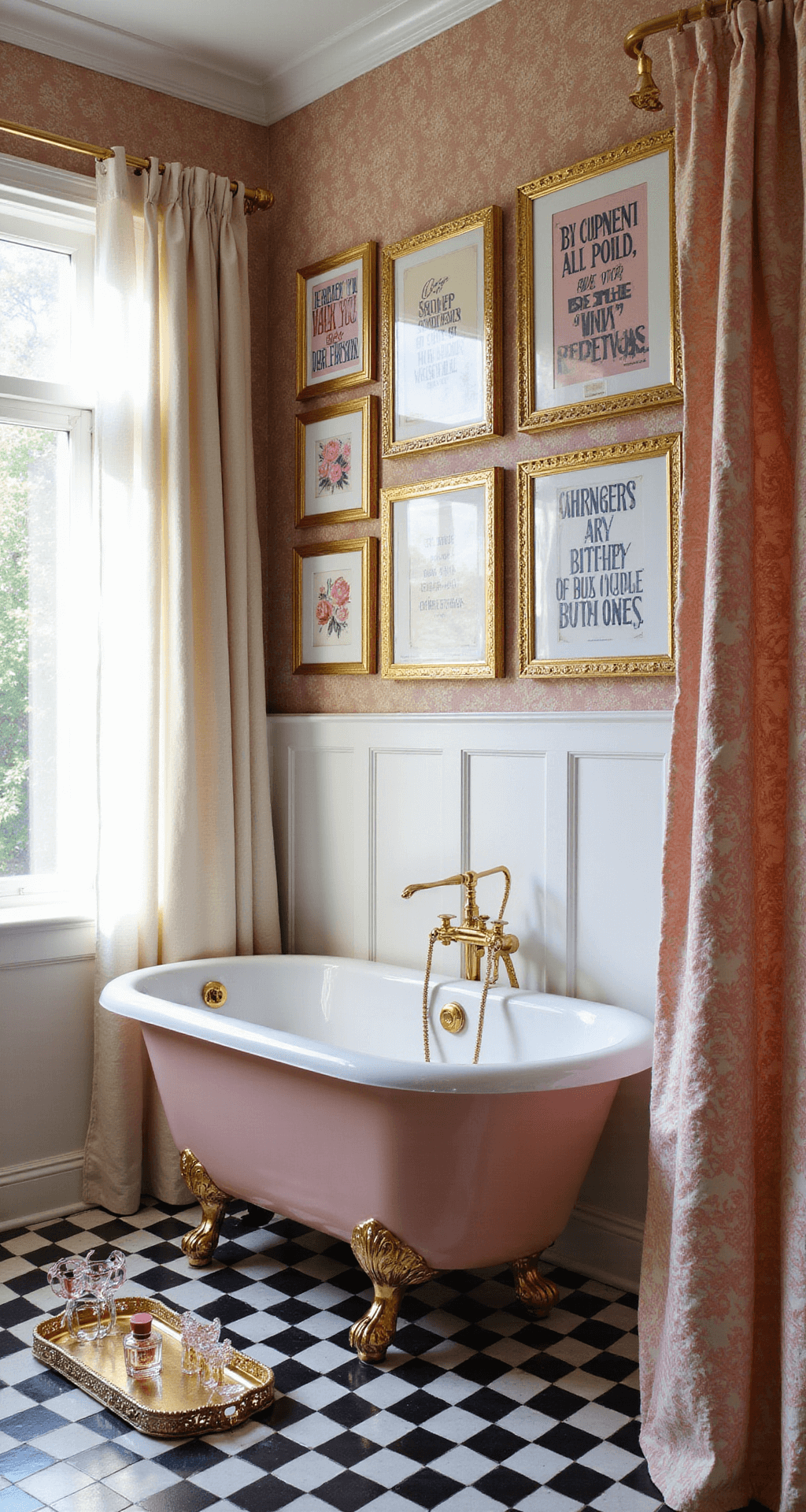 Creating the Perfect Girly Bathroom: A Fun and Fabulous Design Guide A wide-angle view of a chic girly bathroom featuring a freestanding blush clawfoot tub on checkered tiles, dramatic artwork on the accent wall, and a gallery of motivational quotes in gold frames, all illuminated by warm afternoon sunlight filtering through sheer curtains.