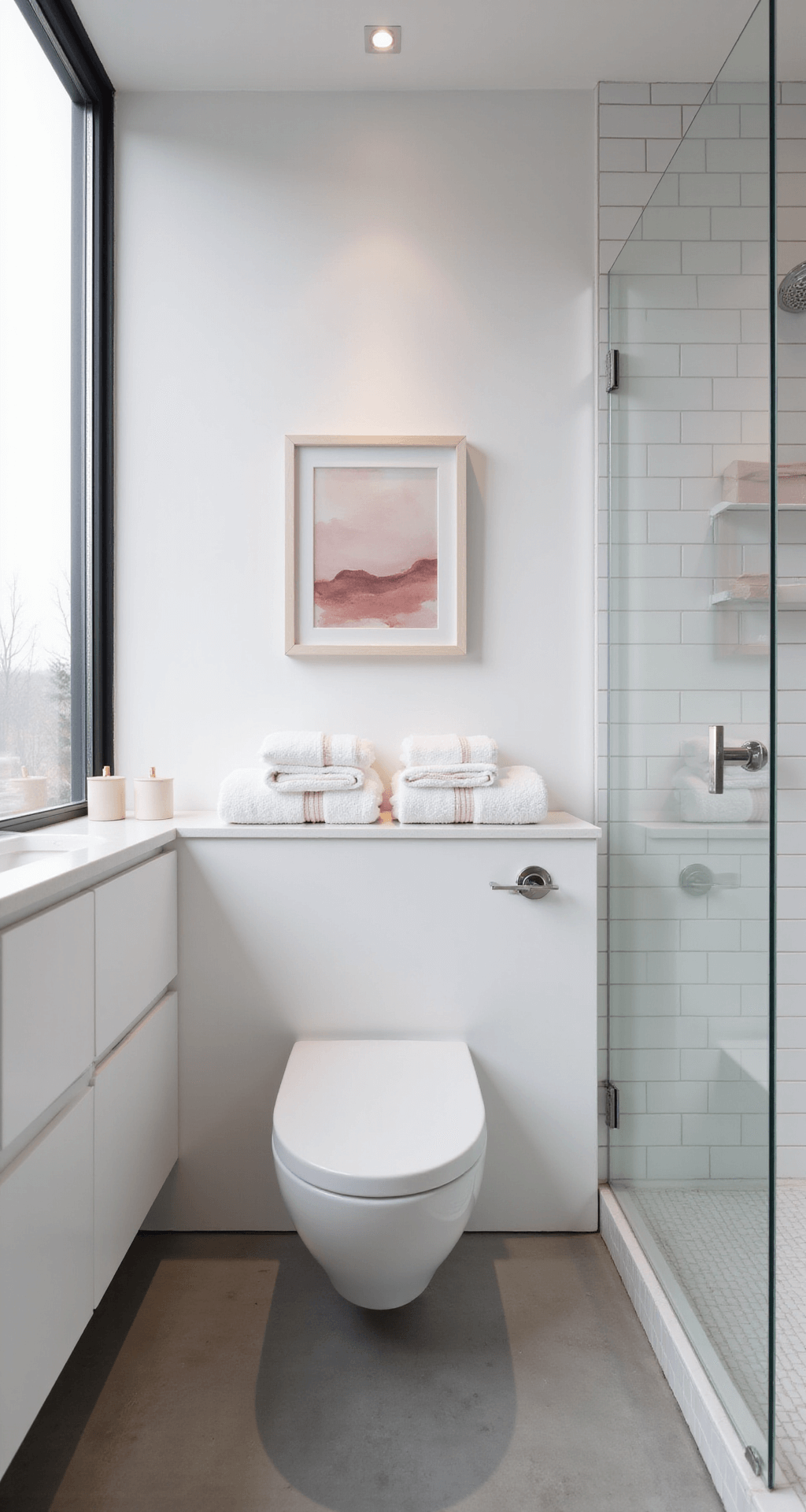 Creating the Perfect Girly Bathroom: A Fun and Fabulous Design Guide Minimalist girly bathroom featuring white and blush accents, a wall-mounted floating vanity with integrated sink and LED lighting, an abstract blush watercolor art piece, a frameless glass shower with white subway tiles and pink stripe, fluffy towels with pink trim, and light grey concrete floors, all illuminated by soft morning light.