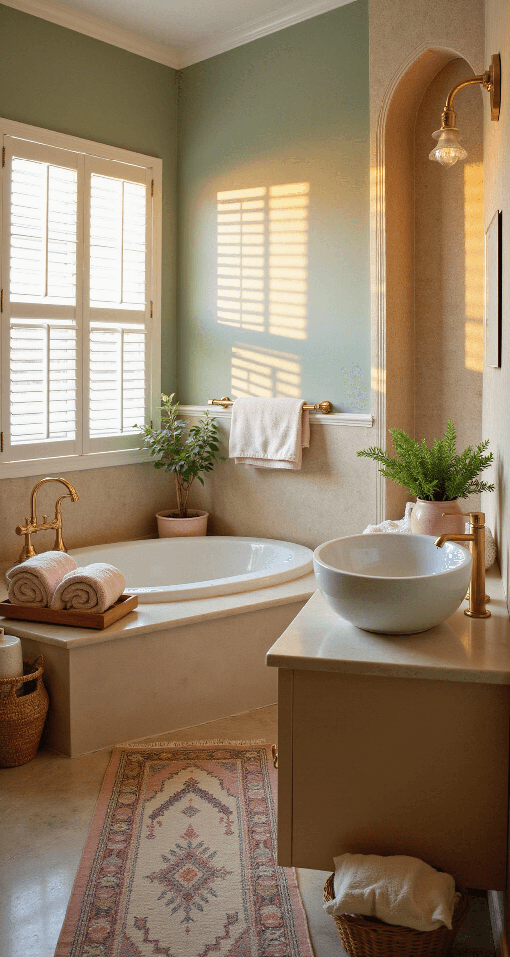 Creating the Perfect Girly Bathroom: A Fun and Fabulous Design Guide Luxurious spa-inspired bathroom in calming pastels features a curved soaking tub, gold fixtures, textured grasscloth wallpaper, and a Persian-style runner, all illuminated by soft sunset light.