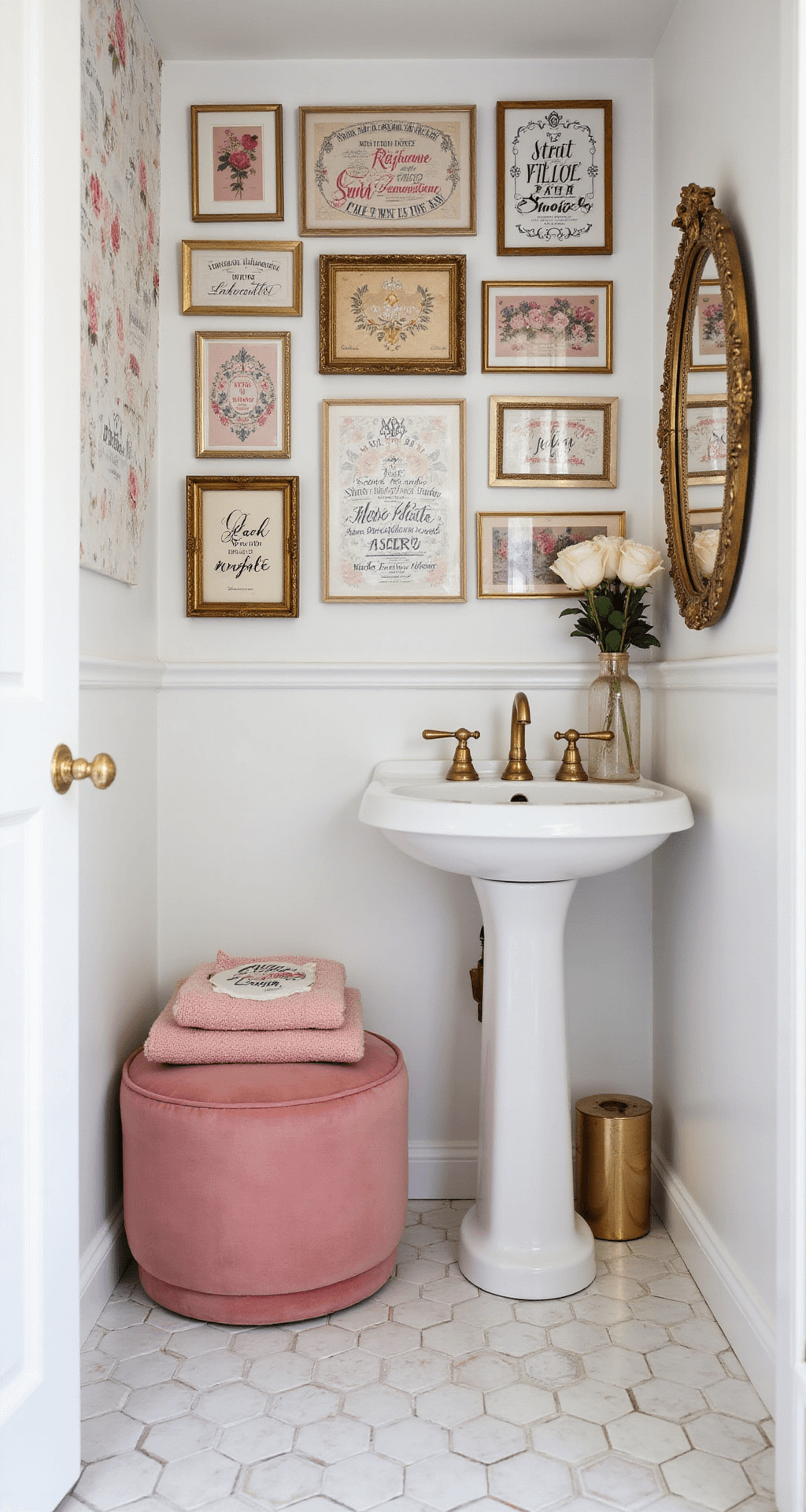 Creating the Perfect Girly Bathroom: A Fun and Fabulous Design Guide Small, stylish powder room featuring a back wall adorned with vibrant girly wall art in vintage-inspired frames, illuminated by bright midday light. A compact white pedestal sink with a brass faucet is complemented by a pink velvet ottoman holding decorative towels. The hexagonal marble floor tiles with pink veining and an ornate gold-framed mirror enhance the space, while fresh roses and a gold tissue box cover add elegant finishing touches.