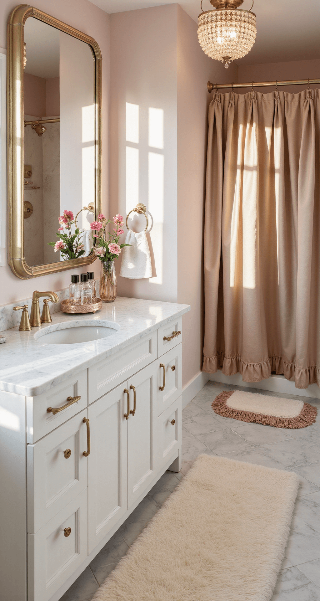 Creating the Perfect Girly Bathroom: A Fun and Fabulous Design Guide Glamorous girly bathroom with metallic fixtures, elegant accessories, white marble countertops, gold vanity tray with crystal perfume bottles, polished brass faucet, soft pink walls, ruffled champagne silk shower curtain, plush cream bath mat with pink fringe, and chandelier-style light fixture, all bathed in warm afternoon light.