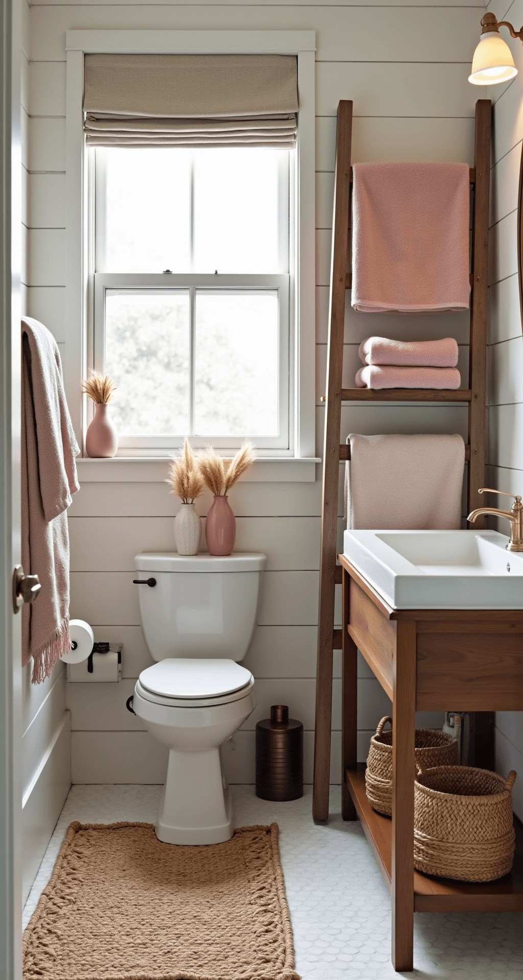 Creating the Perfect Girly Bathroom: A Fun and Fabulous Design Guide A cozy girly bathroom with soft morning light, featuring layered fabrics, shiplap walls, plush pink towels on a vintage ladder, woven seagrass baskets, a reclaimed wood vanity, a jute rug over penny tile floors, a macrame wall hanging, ceramic vases with pampas grass, and brushed brass fixtures, captured from a corner angle to highlight its textural elements and modern farmhouse style.