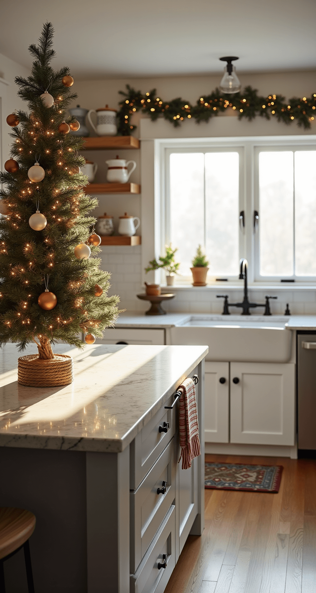 A modern farmhouse kitchen bathed in warm morning light, featuring a marble-topped island with a small Christmas tree adorned with copper and cream ornaments, white shaker cabinets with matte black hardware, and festive red and white striped tea towels. A thick pine garland with warm white micro lights decorates floating shelves filled with holiday mugs.
