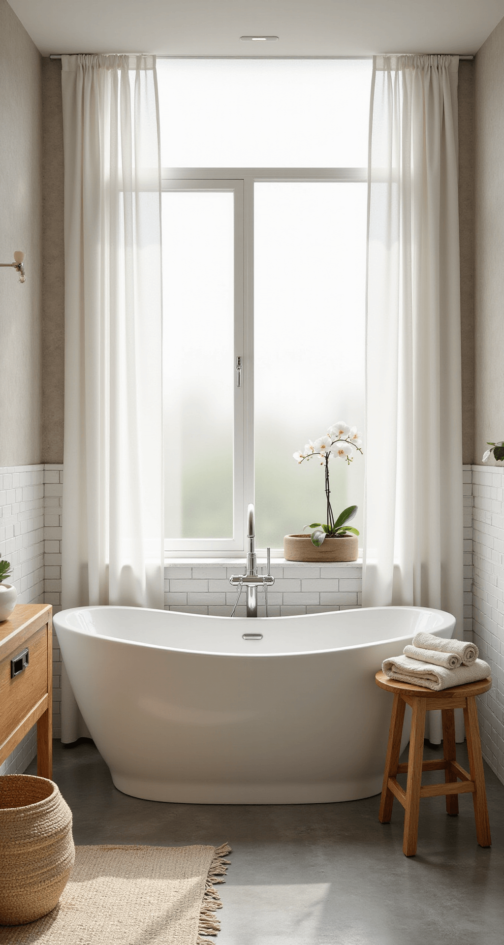 Creating a Zen Bathroom Decor: Your Ultimate Guide to Tranquil Bathroom Design A serene Zen bathroom featuring a freestanding white ceramic soaking tub beneath a frosted glass window, with soft morning light filtering through white curtains, complemented by a bamboo vanity, polished concrete floors, and subtle sage green accents.