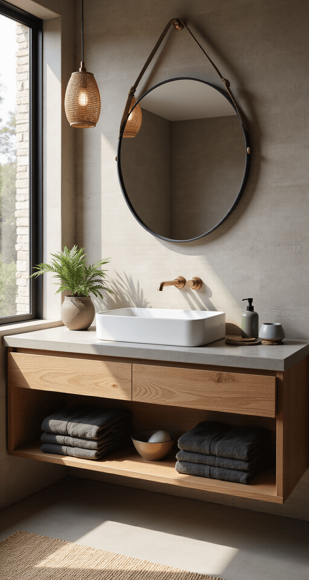 Creating a Zen Bathroom Decor: Your Ultimate Guide to Tranquil Bathroom Design A serene bathroom vanity area featuring a custom teak floating vanity against a textured stone wall, with a matte white rectangular vessel sink and brushed brass faucet, complemented by a large circular mirror and a woven rattan pendant light. Natural morning light highlights a bamboo mat, snake plant, and neatly folded gray towels, against a concrete countertop with wood grain details and a sage green soap dispenser.