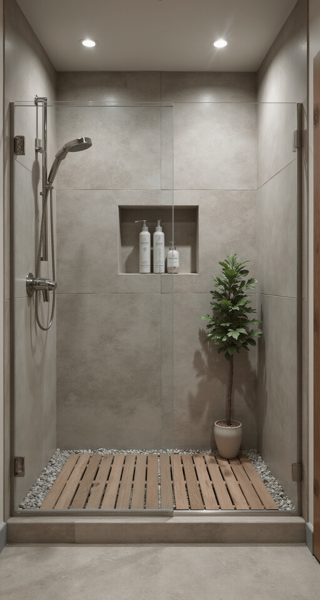 Creating a Zen Bathroom Decor: Your Ultimate Guide to Tranquil Bathroom Design Zen bathroom shower enclosure featuring a walk-in space with natural stone tiles, a rainfall showerhead, built-in corner shelf with ceramic bottles, teak wood grating, eucalyptus branch in a glass holder, and a frameless glass partition, all illuminated by soft LED lighting for a spa-like atmosphere.