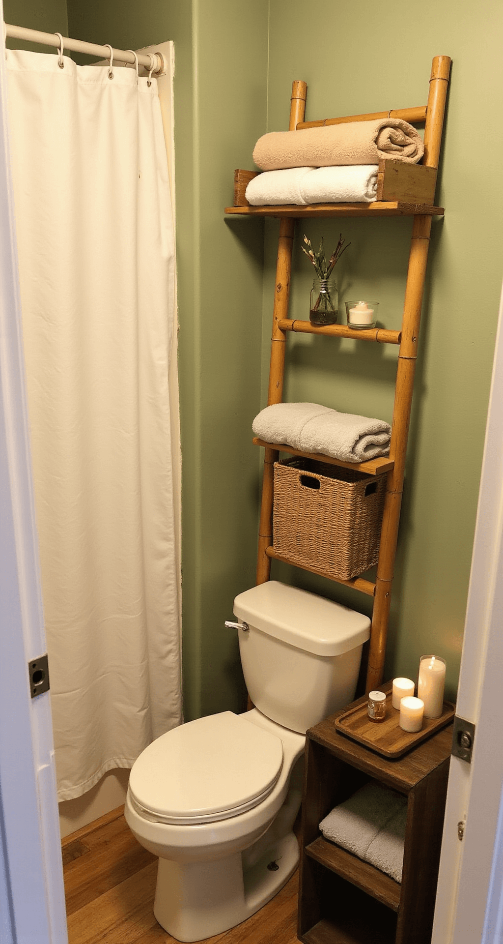 Creating a Zen Bathroom Decor: Your Ultimate Guide to Tranquil Bathroom Design A cozy budget-friendly Zen bathroom transformation featuring a compact 6x8 space with white ceramic fixtures, a DIY bamboo ladder towel rack against a sage green wall, woven baskets storing towels, a mason jar with bamboo, a repurposed wooden crate side table, and natural oak peel-and-stick flooring, all illuminated by warm evening light.