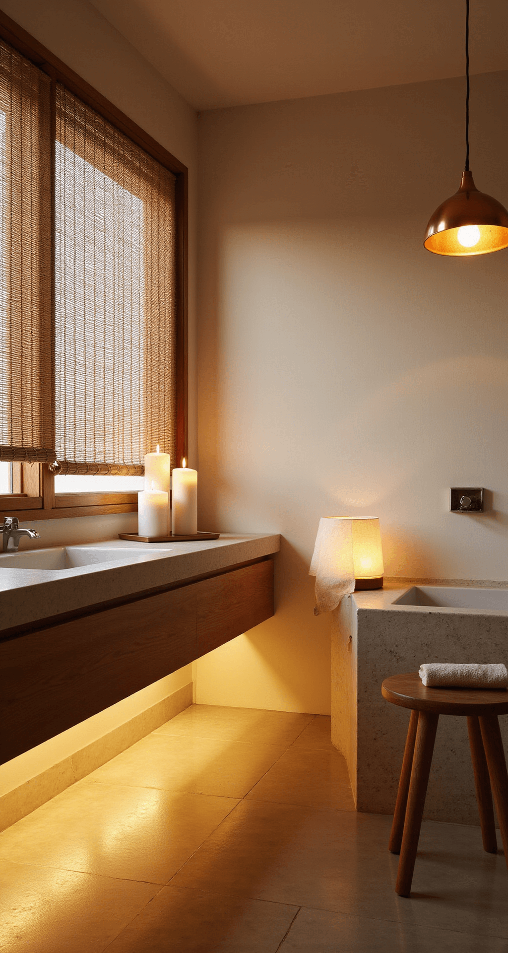 Creating a Zen Bathroom Decor: Your Ultimate Guide to Tranquil Bathroom Design Zen bathroom interior at golden hour, featuring bamboo window blinds casting linear shadows, warm LED strip lighting under a floating vanity, flickering candles on a stone ledge, and a copper pendant light. The scene captures a harmonious blend of warm and cool lighting on cream walls and honey-toned wood, creating a tranquil meditation atmosphere.