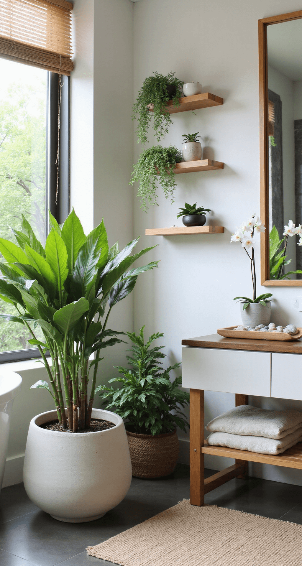 Creating a Zen Bathroom Decor: Your Ultimate Guide to Tranquil Bathroom Design A serene bathroom scene showcasing a harmonious arrangement of plants, including bamboo stalks in a large ceramic floor planter beside a freestanding tub, a small potted fern on a floating shelf, and trailing pothos in a macrame hanger near the window. Air plants in geometric holders decorate the vanity, while a single white orchid blooms on a teak bath caddy. Natural elements like river rock accents, a jute bath mat, and varying heights of wooden plant stands enhance the tranquil atmosphere, all bathed in soft morning light that highlights the lush green foliage and a color palette of forest greens, natural wood, white ceramics, and gray stone.