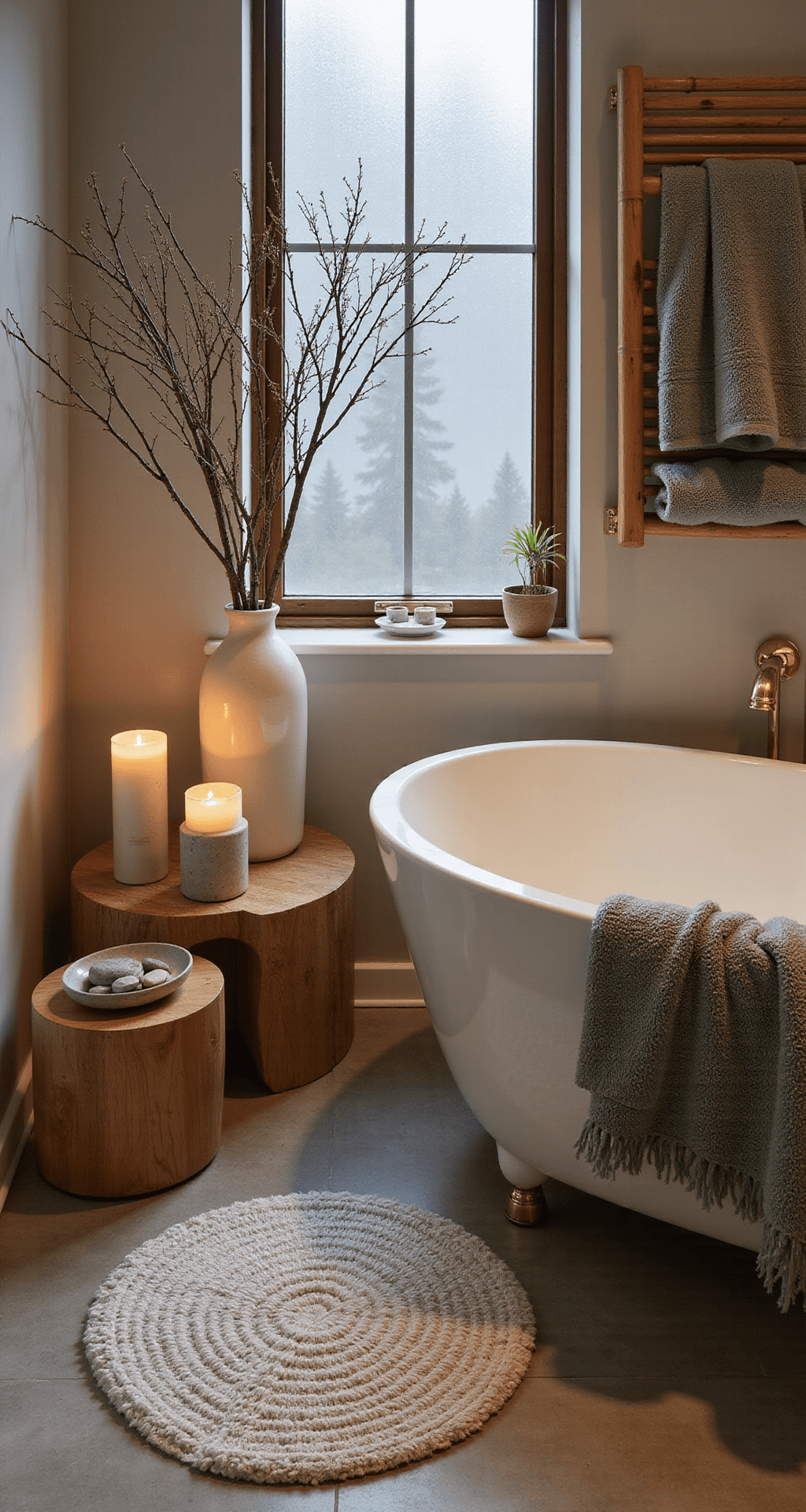 Creating a Zen Bathroom Decor: Your Ultimate Guide to Tranquil Bathroom Design Cozy winter-themed bathroom with warm ambient lighting, featuring sage green accessories, a tall floor vase with winter branches, plush towels on a bamboo rack, an essential oil diffuser, stone candle holders, river rocks, layered textures, and a view of snow through a frosted window, evoking a spa retreat ambiance.