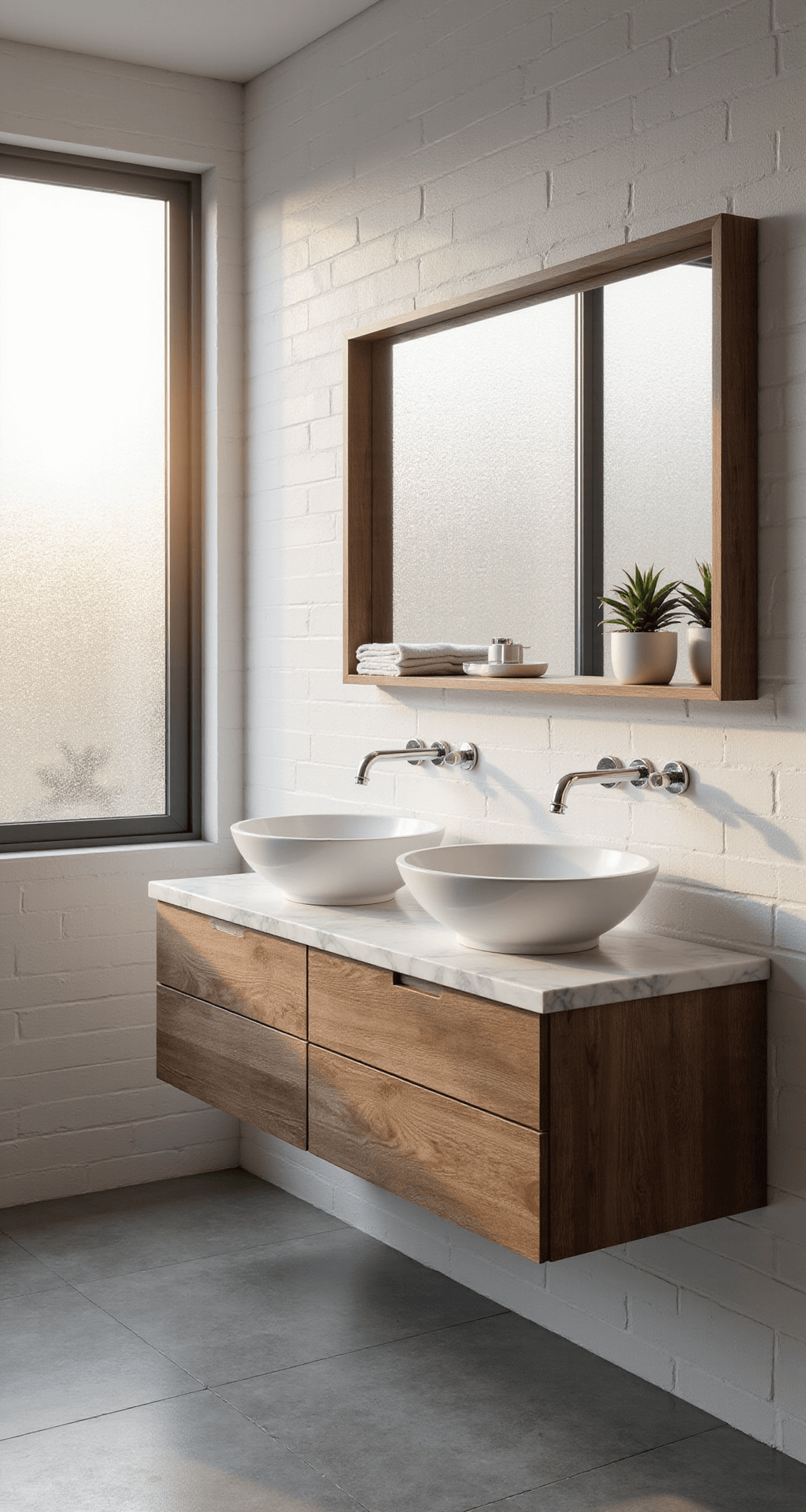 Ultimate Guide to Styling a Double Sink Bathroom: Transform Your Space from Boring to Breathtaking Photorealistic image of a modern minimalist double sink bathroom featuring white marble countertops, sleek chrome faucets, and a floating walnut vanity, illuminated by warm morning light, with symmetrical vessel sinks and a monochromatic palette of whites, grays, and wood tones.