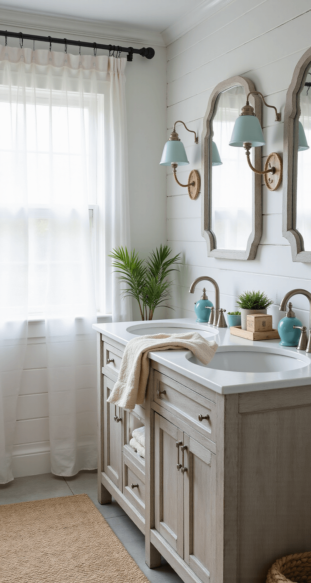 Ultimate Guide to Styling a Double Sink Bathroom: Transform Your Space from Boring to Breathtaking Coastal chic bathroom with shiplap accent wall, dual sinks, and natural light filtering through sheer curtains, showcasing a soft blue and white palette and ocean-themed decor.