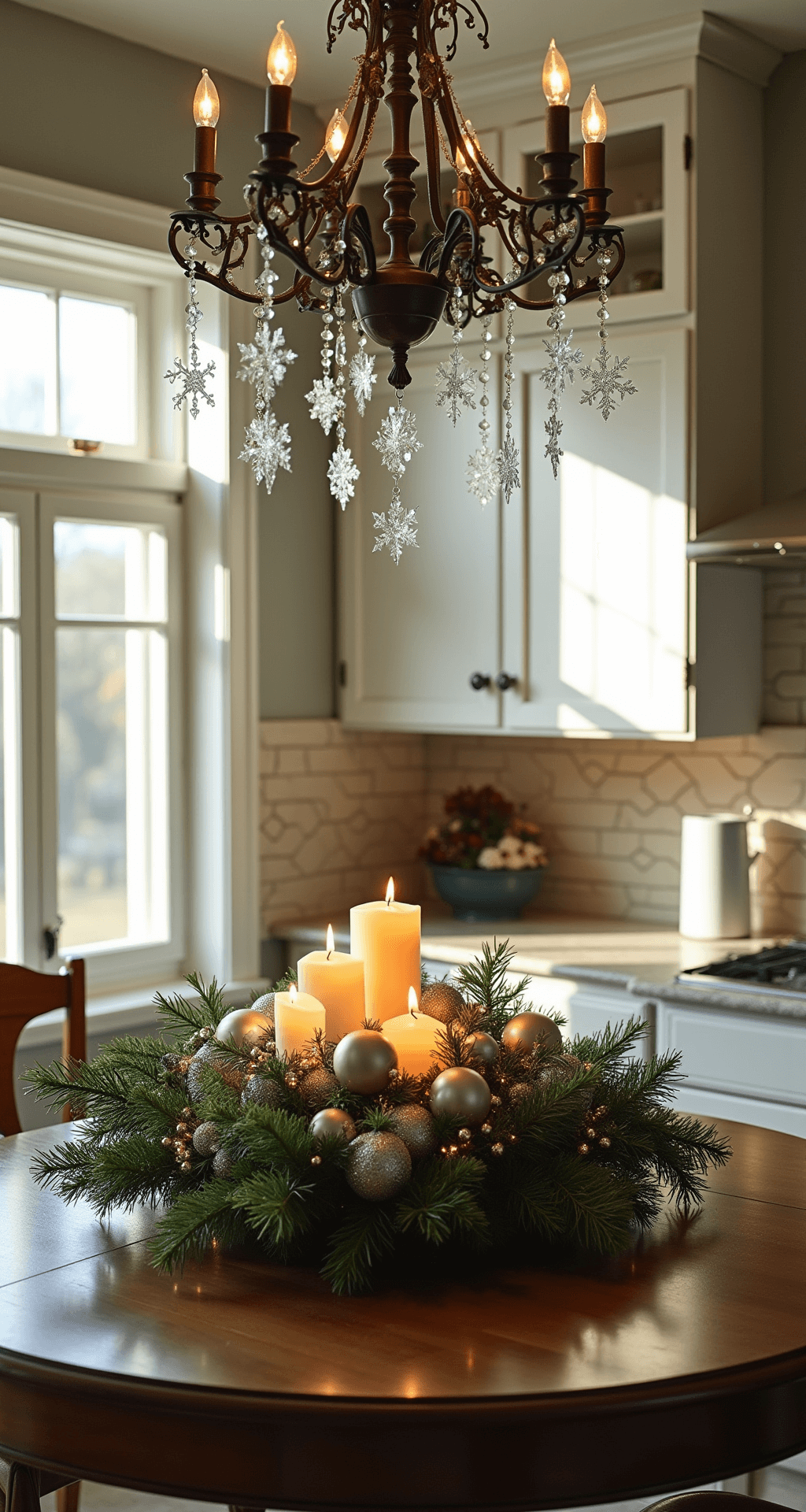 A traditional kitchen featuring a round breakfast nook table adorned with a festive centerpiece of fresh pine branches, mercury glass ornaments, and flickering candles, illuminated by late afternoon sunlight casting long shadows. Crystal snowflakes dangle from the chandelier above, with white cabinets and brass hardware in the background.