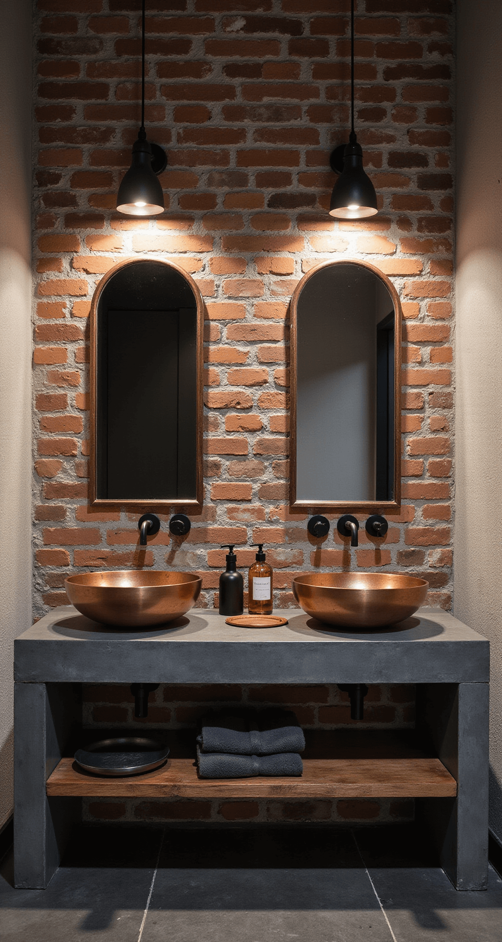 Ultimate Guide to Styling a Double Sink Bathroom: Transform Your Space from Boring to Breathtaking An industrial elegant bathroom featuring a double sink, exposed brick wall, concrete countertops, and evening ambient lighting from matte black pendant fixtures, illuminated raw steel floating vanity with copper vessel sinks, black industrial faucets, hammered metal mirrors, reclaimed wood shelving, dark slate floors, and minimalist accessories, captured from a low angle to emphasize architectural details and textures.