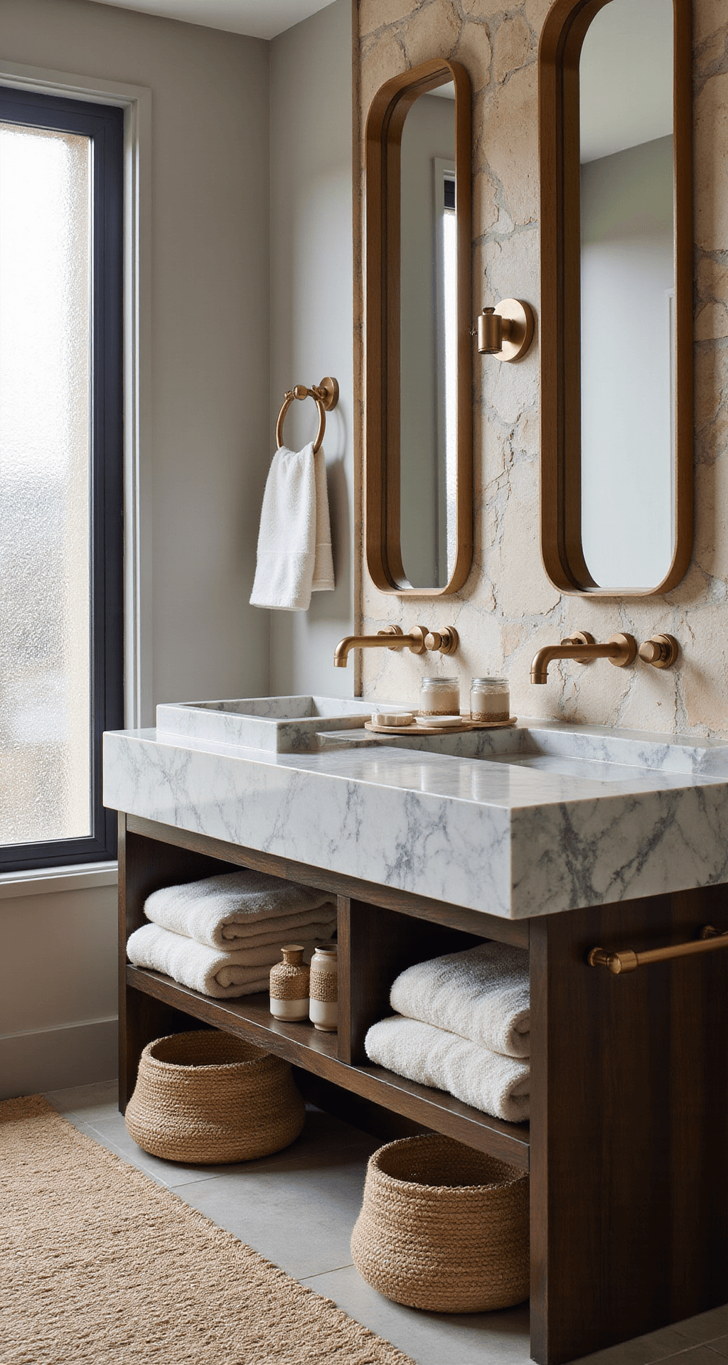 Ultimate Guide to Styling a Double Sink Bathroom: Transform Your Space from Boring to Breathtaking Luxurious double sink bathroom with a marble waterfall countertop, dark walnut vanity, and plush towels, accented by natural textures and warm tones, captured in soft mid-morning light.