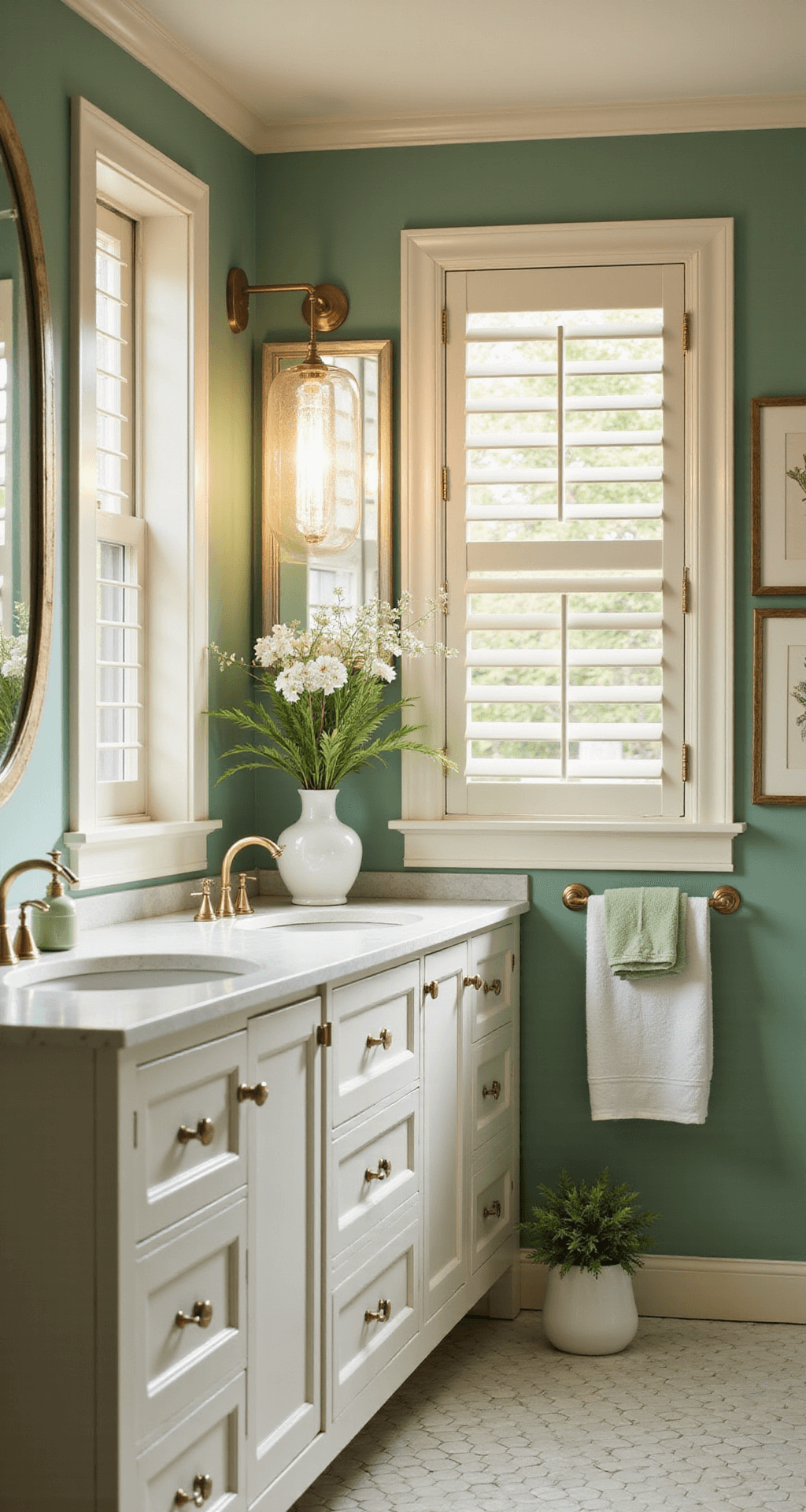 Ultimate Guide to Styling a Double Sink Bathroom: Transform Your Space from Boring to Breathtaking Color-coordinated double sink bathroom featuring a sage green accent wall, white quartz countertops, and a white shaker-style vanity with sage green drawers. Warm afternoon light filters through plantation shutters, enhancing the harmonious palette of sage green, cream white, and brushed brass accents. The room includes coordinated accessories, hexagonal cream tiles, and botanical prints, creating a fresh, spa-like atmosphere.
