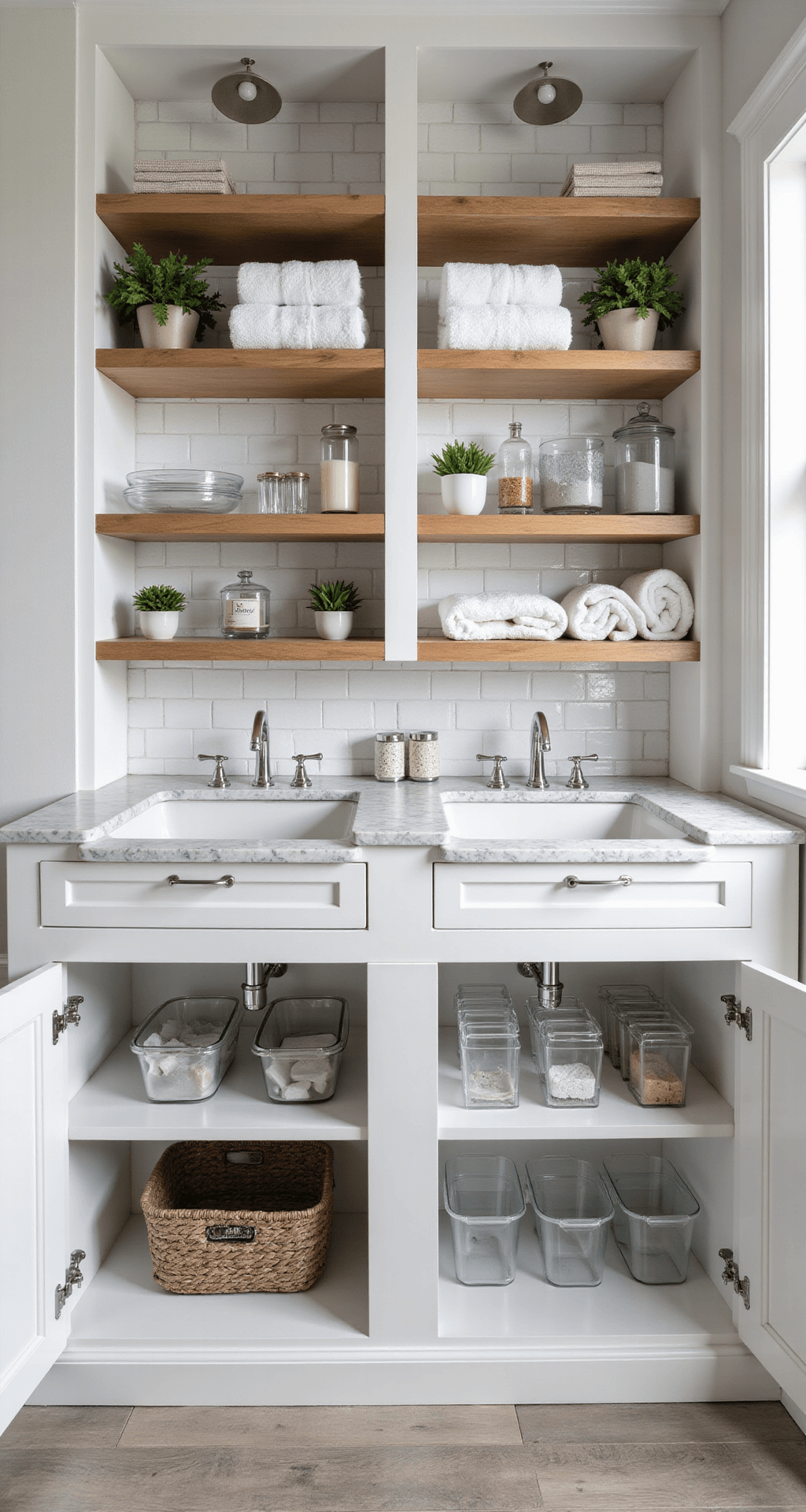 Ultimate Guide to Styling a Double Sink Bathroom: Transform Your Space from Boring to Breathtaking Organized double sink bathroom featuring floor-to-ceiling white cabinetry, open shelving, quartz countertop with integrated storage, modern chrome faucets, and bright morning light highlighting the area's efficient organization and functional luxury.