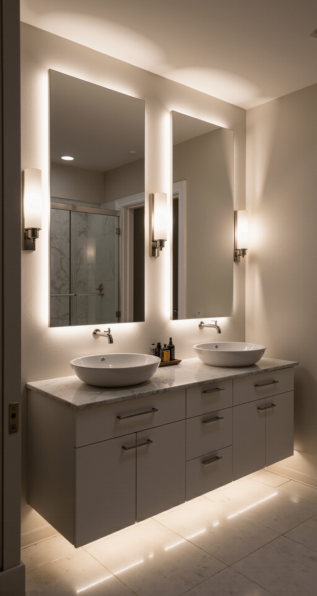 Ultimate Guide to Styling a Double Sink Bathroom: Transform Your Space from Boring to Breathtaking A luxurious bathroom scene featuring a white marble vanity with dual vessel sinks, illuminated by layered lighting, including wall sconces and pendant lights, amidst an evening twilight ambiance. Polished surfaces reflect warm white light, enhancing a spa-like atmosphere with visible dimmer switches for adjustable lighting.