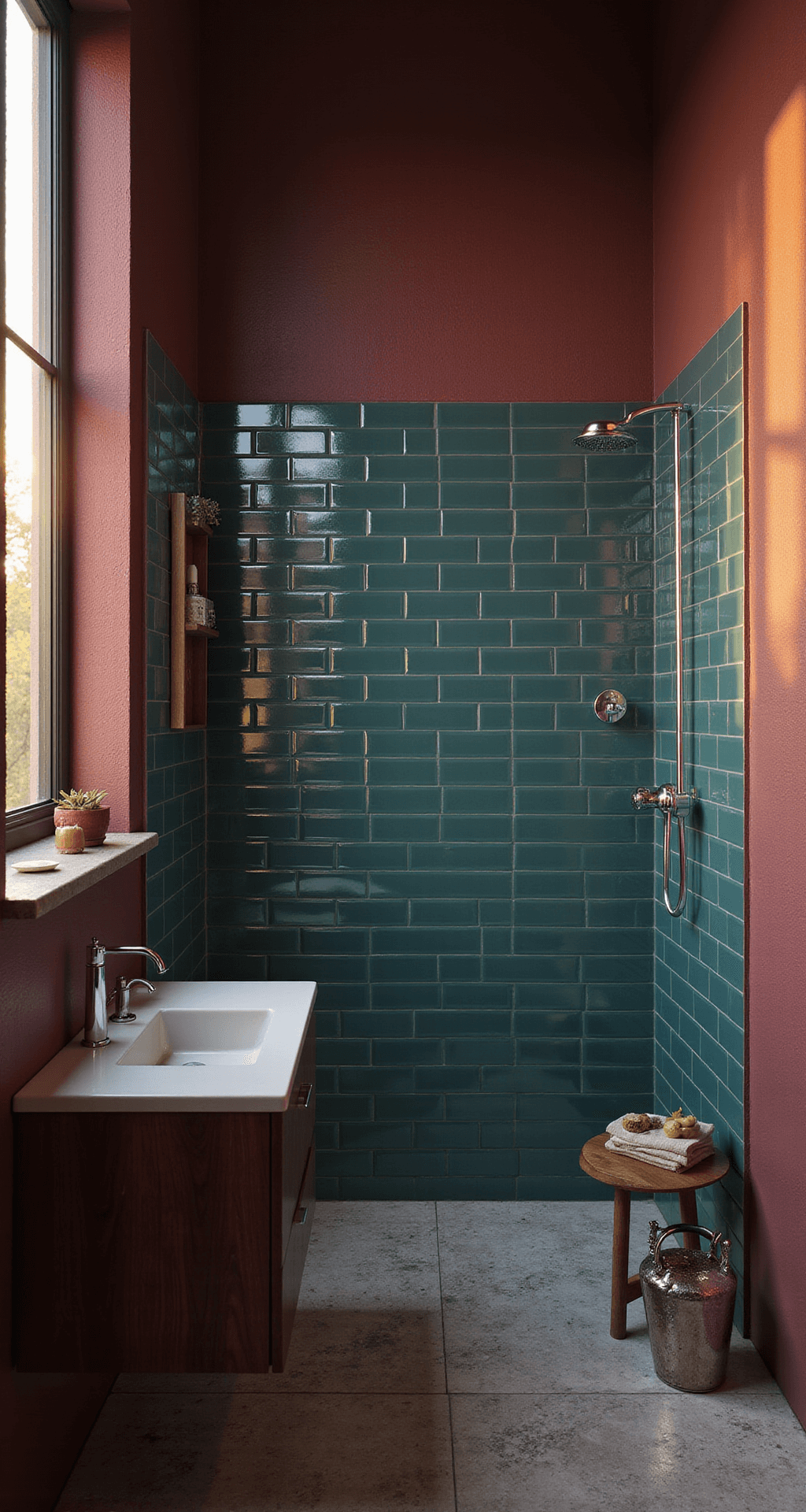 Funky Bathroom Decor: Transform Your Space with Bold Design Choices Photorealistic bathroom interior featuring rich maroon walls with teal shower tile accents, a walnut floating vanity, chrome fixtures, and glossy deep teal subway tiles in a herringbone pattern, illuminated by warm afternoon light filtering through a vertical window.