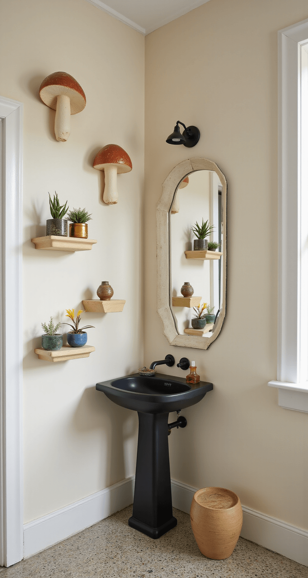 Funky Bathroom Decor: Transform Your Space with Bold Design Choices Whimsical powder room with asymmetrically mounted floating mushroom shelves on cream walls, a compact matte black corner sink, an oversized organic-shaped mirror, quirky accessories, and soft speckled terrazzo flooring, illuminated by bright daylight.