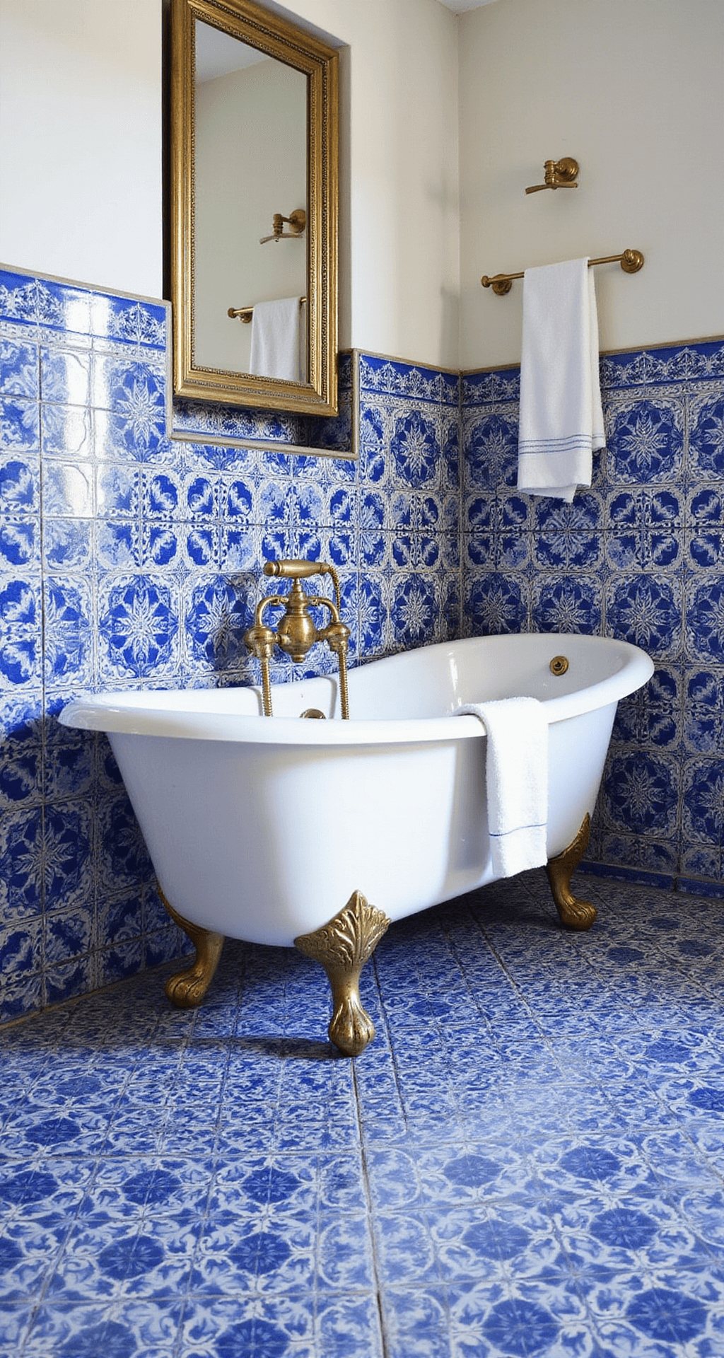 Funky Bathroom Decor: Transform Your Space with Bold Design Choices Stunning bathroom with blue-and-white patterned tiles, a classic white clawfoot tub, and warm brass fixtures, illuminated by mid-morning light for an expansive effect.