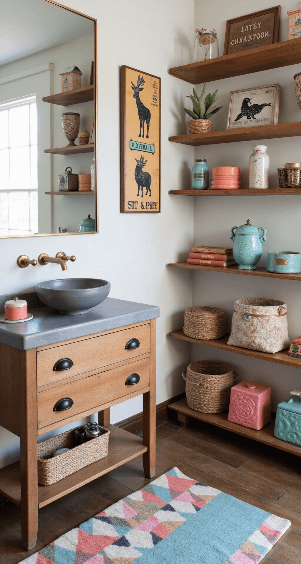 Funky Bathroom Decor: Transform Your Space with Bold Design Choices Eclectic bathroom with bold geometric bathroom mat, vintage brass door signs, animal-themed wall art in a gallery wall composition, modern concrete gray vessel sink on reclaimed wood vanity, open shelving displaying unique storage solutions, warm wood tones with coral and turquoise accessories, softly lit with afternoon light highlighting textures and details.