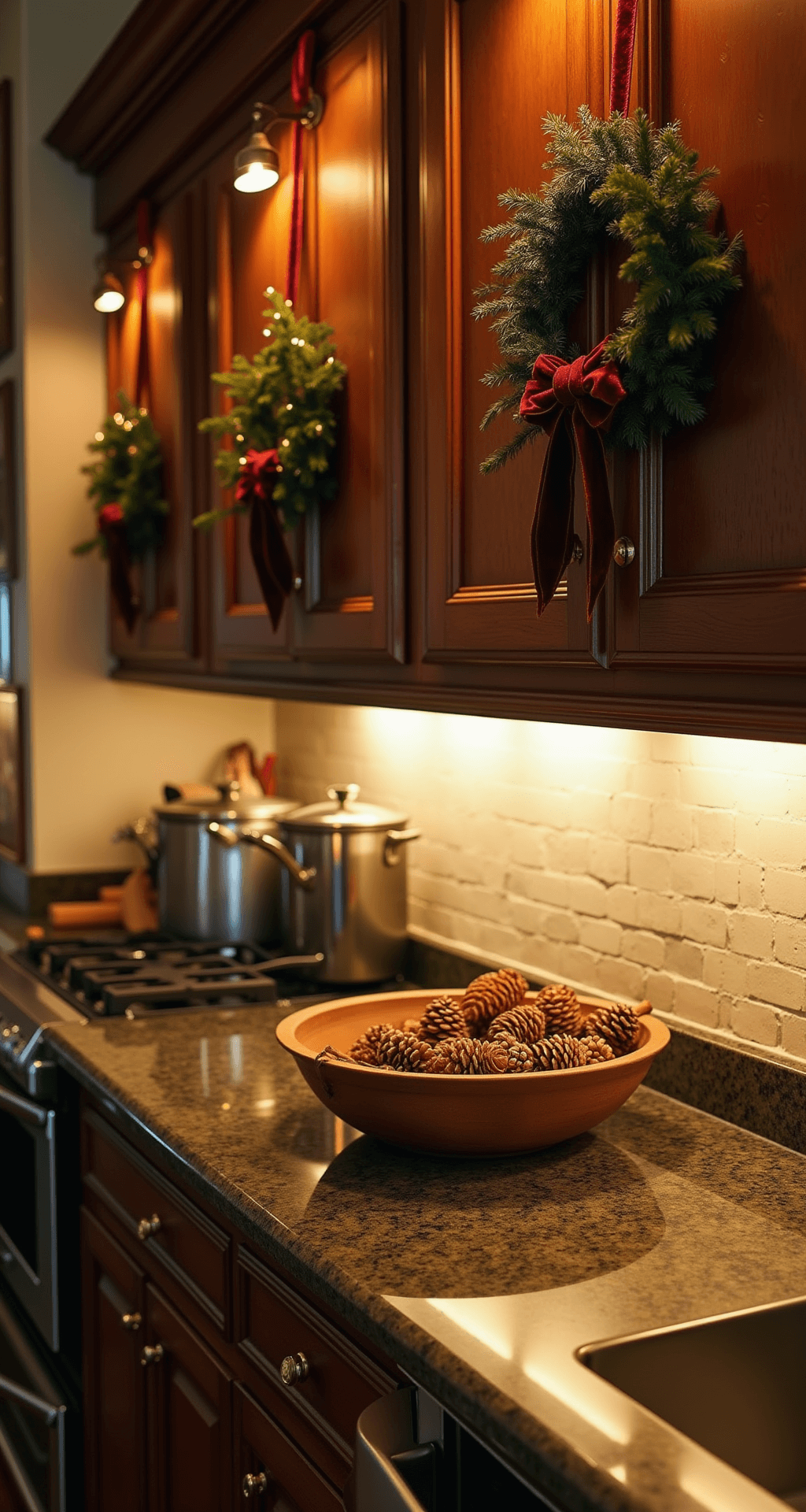 Cozy galley kitchen with mini wreath-adorned cabinets, warm under-cabinet lighting highlighting vintage copper cookware, a rustic bowl of pine cones and cinnamon sticks on the counter, and soft focus fairy lights reflecting in stainless steel appliances.