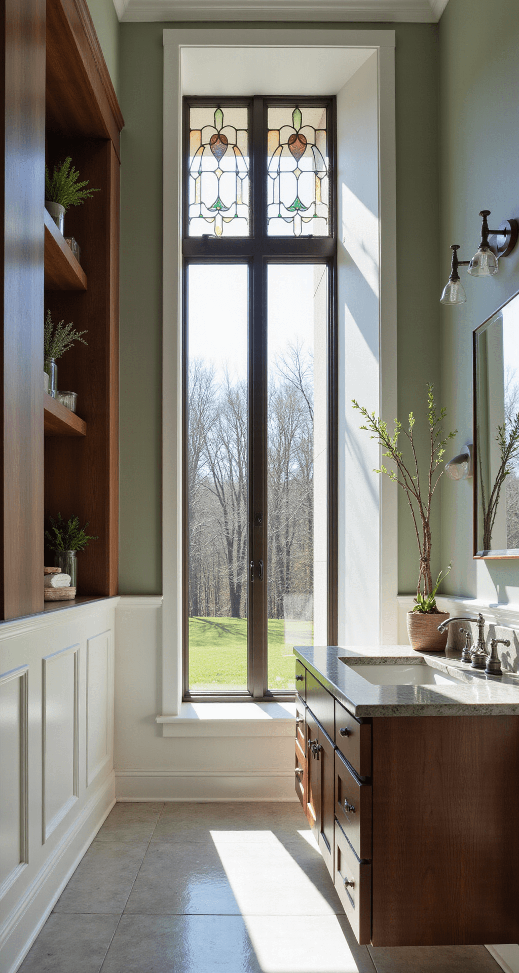 Funky Bathroom Decor: Transform Your Space with Bold Design Choices Sophisticated bathroom interior with floor-to-ceiling vertical windows, dark walnut built-in shelves, stained glass accents, and a floating double vanity, showcasing a harmonious blend of bold design and functionality under dramatic natural light.