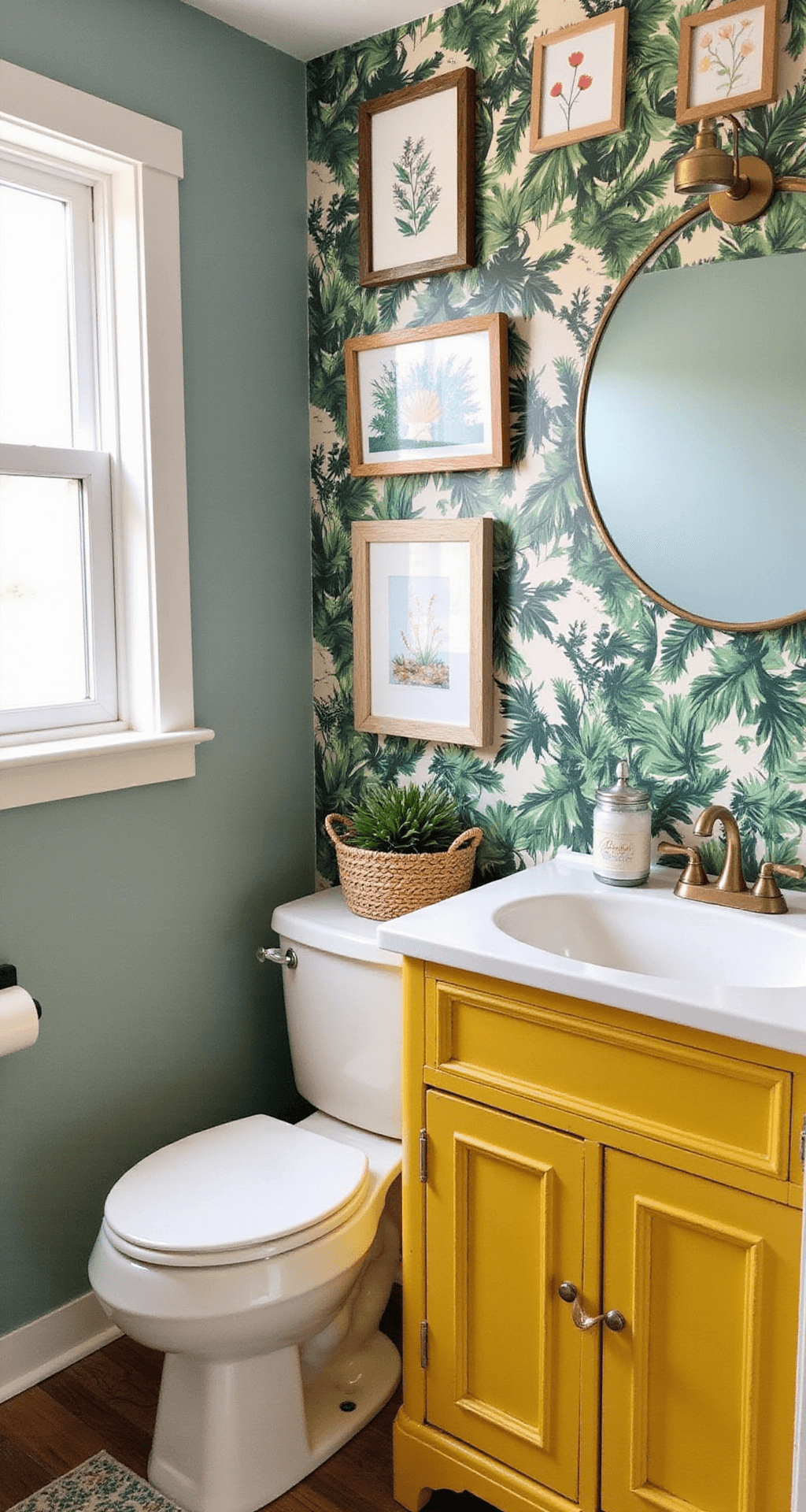 Funky Bathroom Decor: Transform Your Space with Bold Design Choices A budget-friendly bathroom transformed with vibrant jungle print removable wallpaper, a bright yellow painted vanity, eclectic gallery wall art in mismatched frames, and unique thrifted accessories, all captured in warm morning light.