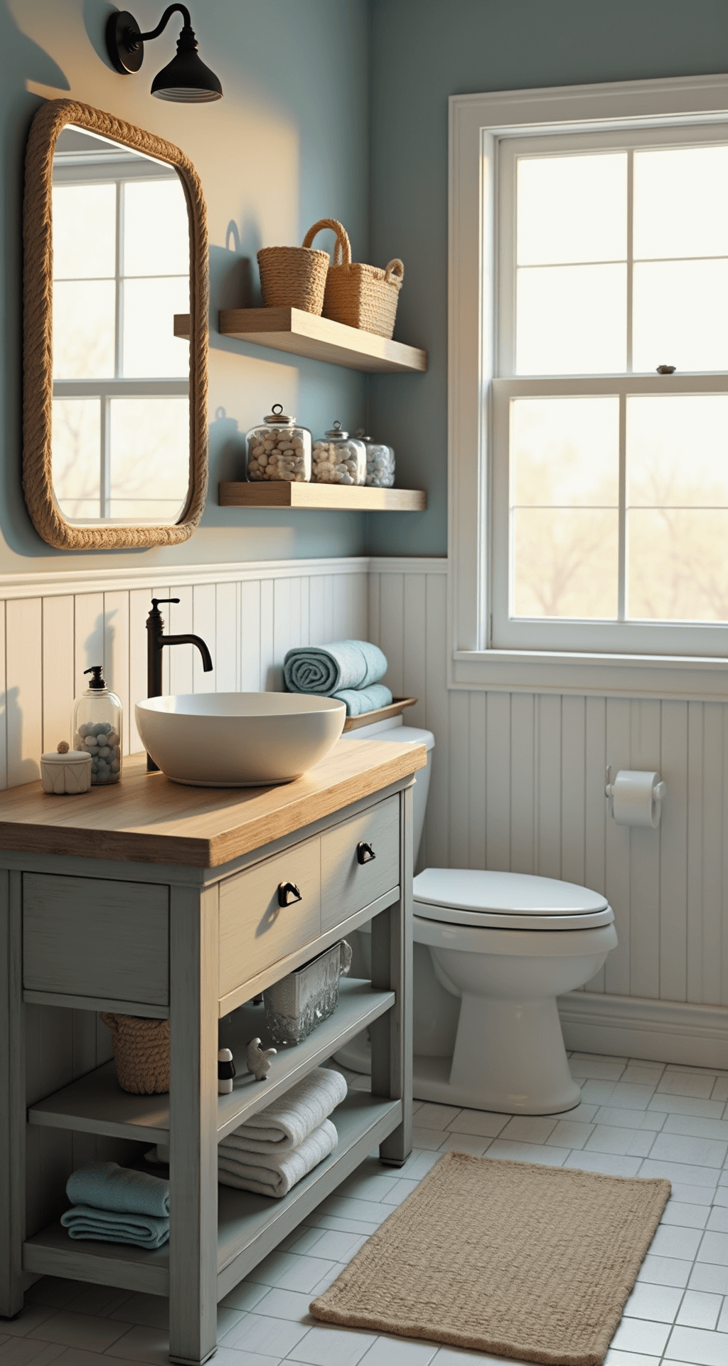 Beach Bathroom Decor: Transform Your Space into a Coastal Oasis Photorealistic coastal bathroom featuring white subway tiles, shiplap wainscoting, and a driftwood vanity with a vessel sink, illuminated by golden hour sunlight through a frosted glass window. The space includes soft blue-gray walls, woven seagrass baskets with rolled towels, and glass apothecary jars with seashells, all reflecting a warm and airy atmosphere.