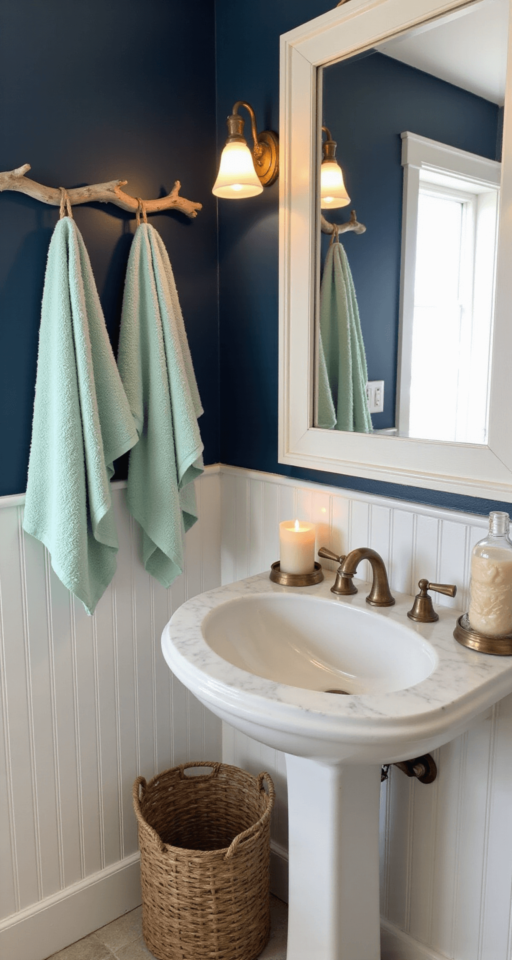 Beach Bathroom Decor: Transform Your Space into a Coastal Oasis Intimate powder room featuring a deep navy accent wall and white beadboard paneling, with seafoam green towels on driftwood pegs, vintage brass fixtures, and shell-themed soap dispensers on a marble countertop, complemented by woven basket storage and hurricane lanterns with candles, evoking a serene coastal atmosphere.
