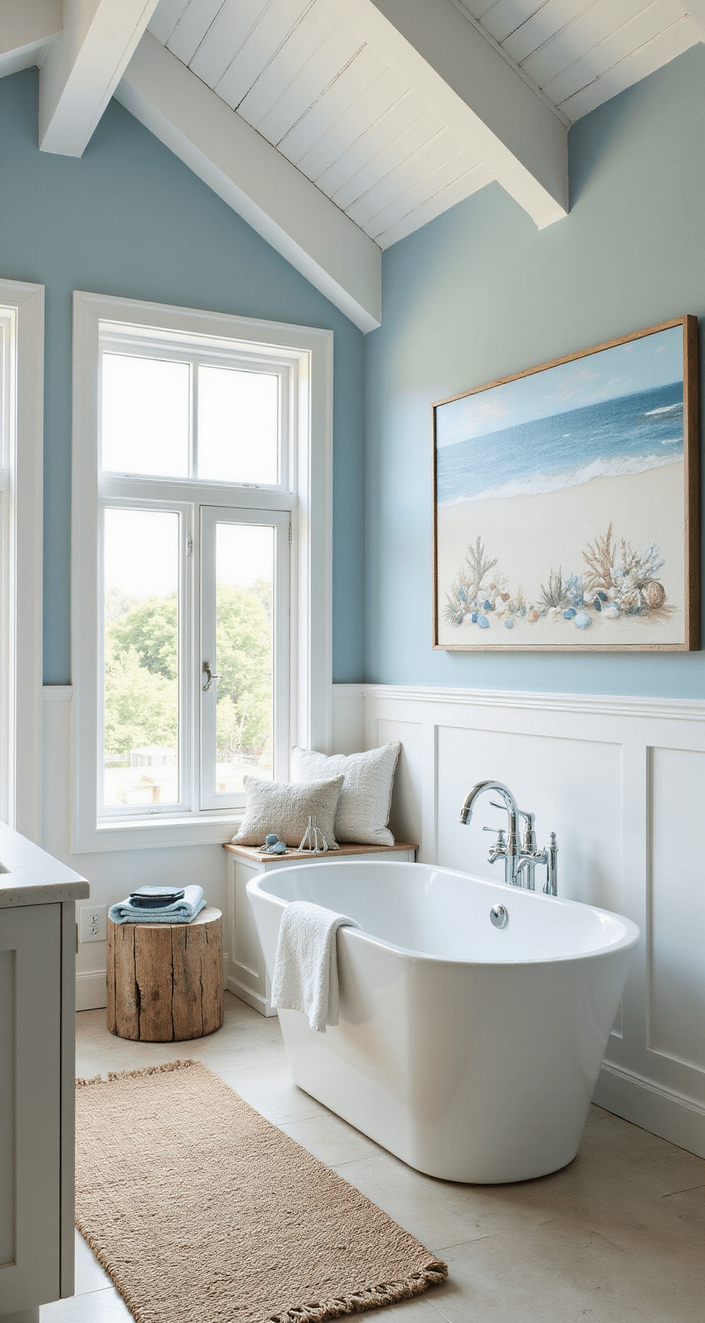 Beach Bathroom Decor: Transform Your Space into a Coastal Oasis Spacious master bathroom with vaulted ceiling, exposed white-washed beams, and floor-to-ceiling windows, featuring a freestanding soaking tub, soft sky blue walls, coastal wall art, floating shelves with beach glass, and modern chrome fixtures.