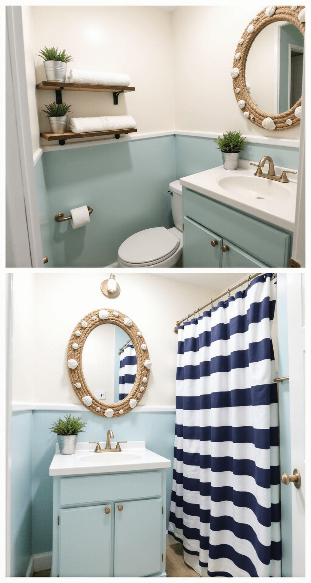 Beach Bathroom Decor: Transform Your Space into a Coastal Oasis Before-and-after transformation of a cozy guest bathroom featuring soft white walls with pale aqua accents, incorporating DIY rope shelving with towels and succulents, a shell-decorated mirror above a minimalist vanity, a navy and white striped shower curtain, and a mason jar lighting fixture, showcasing clever storage solutions and coastal charm.