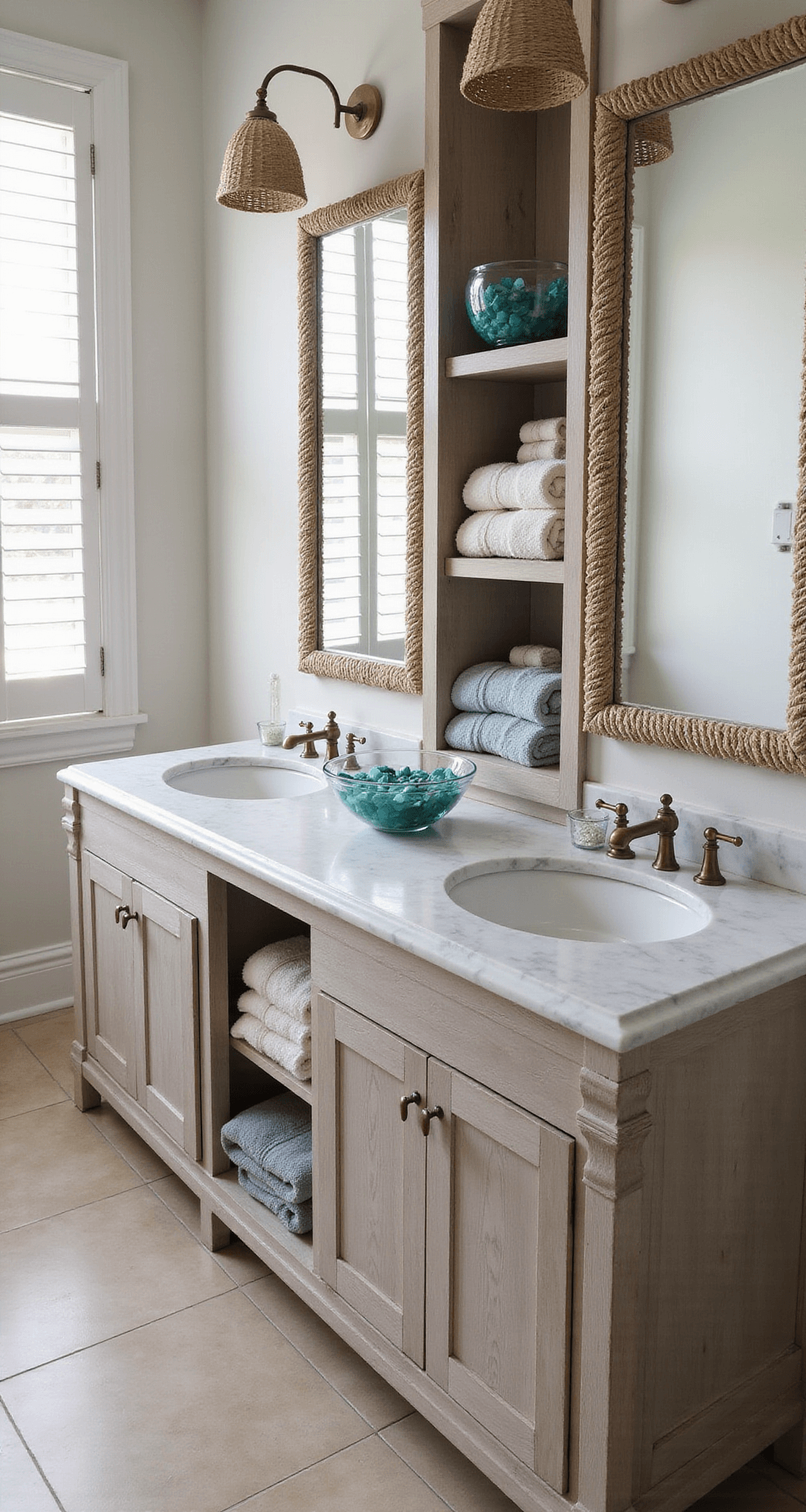 Beach Bathroom Decor: Transform Your Space into a Coastal Oasis Elegant double vanity bathroom featuring marble countertops, coastal-inspired decor, weathered wood base, rope-wrapped mirrors, and decorative glass bowls, all illuminated by soft morning light.