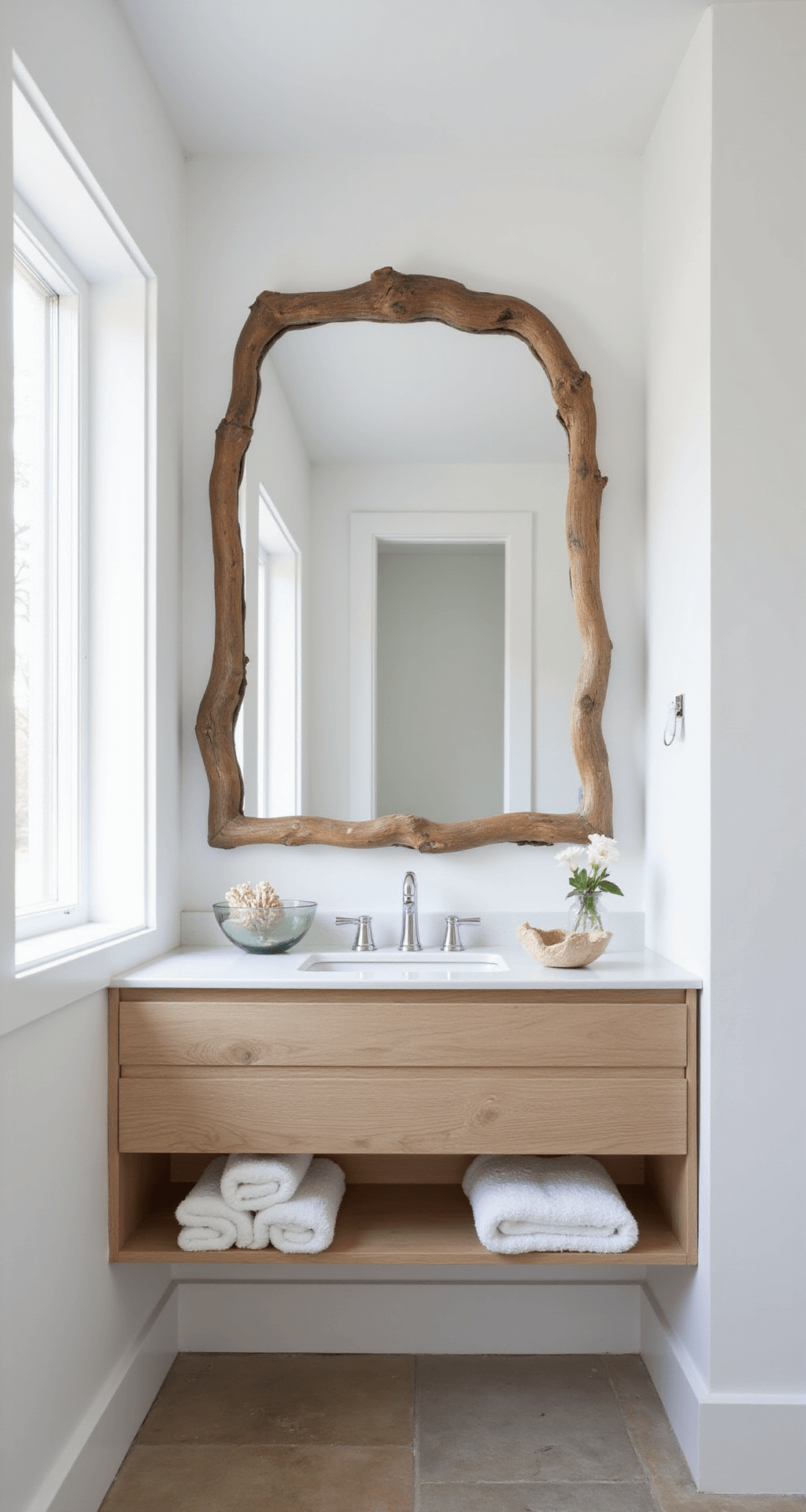 Beach Bathroom Decor: Transform Your Space into a Coastal Oasis Minimalist beach bathroom with white walls, natural wood accents, large driftwood mirror, light oak floating vanity, glass vessel with coral, sleek chrome towel bars, and natural stone tile flooring, featuring even lighting from a north-facing window.