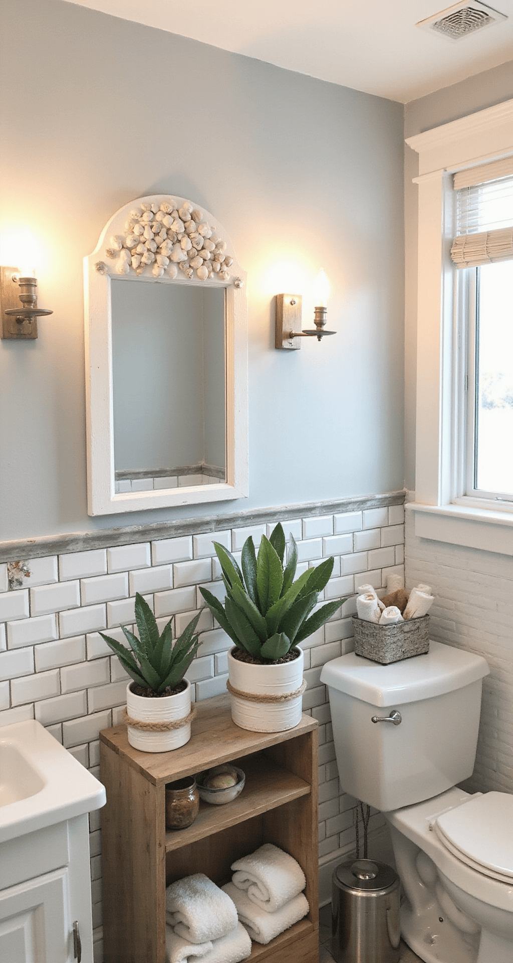 Beach Bathroom Decor: Transform Your Space into a Coastal Oasis A transformed beach-themed bathroom featuring peel-and-stick subway tiles, a thrifted white mirror decorated with shells, mason jar sconces, a repurposed wooden crate for storage, and rope-wrapped accessories, all illuminated by warm LED bulbs and soft afternoon light.