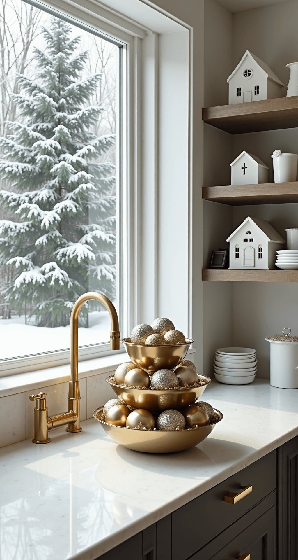 A spacious open-concept kitchen bathed in bright midday light, featuring a floor-to-ceiling window with a view of snow-dusted evergreens, metallic ornaments on a central island, marble backsplash, brushed gold fixtures, and white ceramic holiday houses on open shelves.