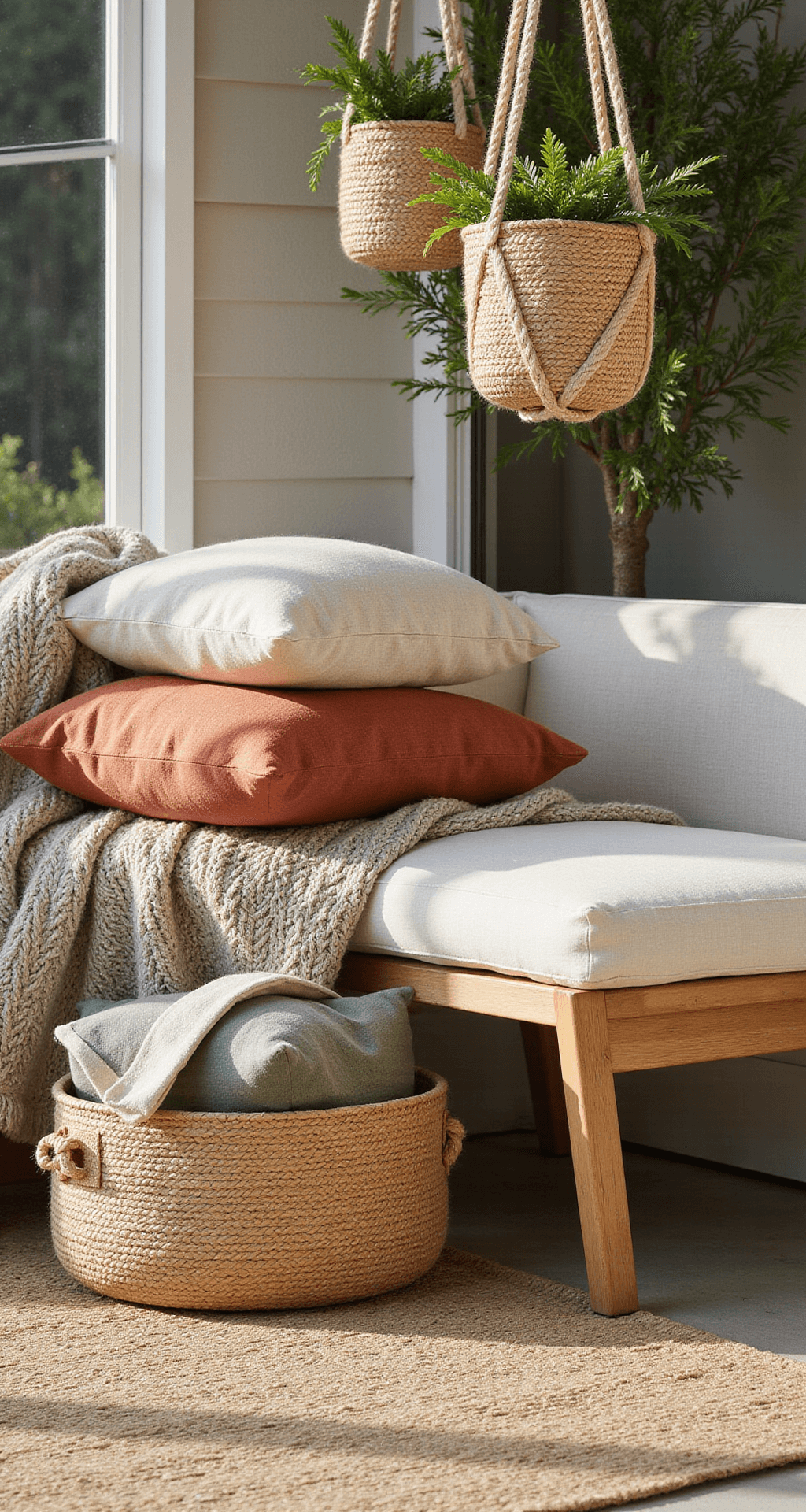 Creating a Cozy Front Porch: Your Ultimate Styling Guide Close-up view of layered outdoor cushions in earthy terracotta, sage, and cream fabrics on a jute rug, with woven baskets of greenery, cable-knit throws on a teak bench, and macrame plant hangers. Morning light casts soft shadows, emphasizing the textures and colors of the materials.