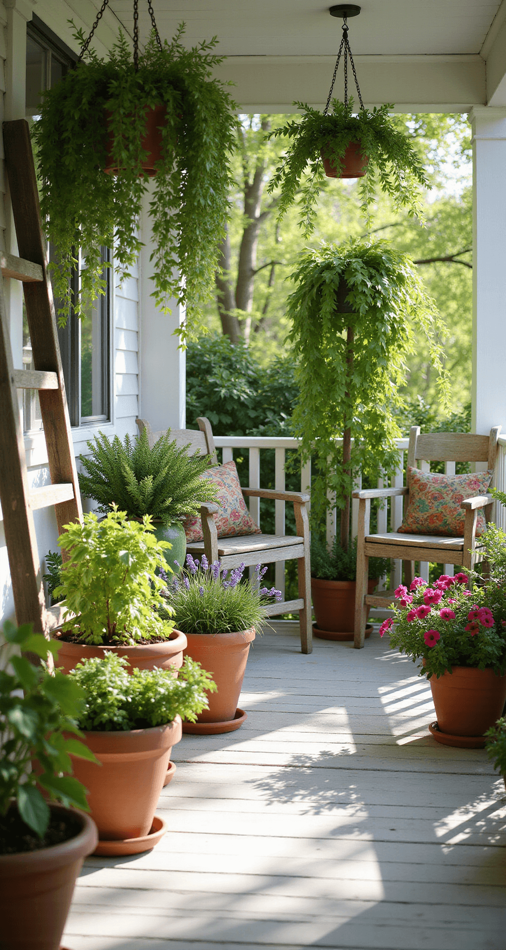 Creating a Cozy Front Porch: Your Ultimate Styling Guide A bright, verdant porch oasis filled with various potted plants in terracotta and hanging baskets, featuring a vintage wooden ladder as a plant stand, complemented by weathered teak furniture and dappled sunlight casting shadows on a white floor.