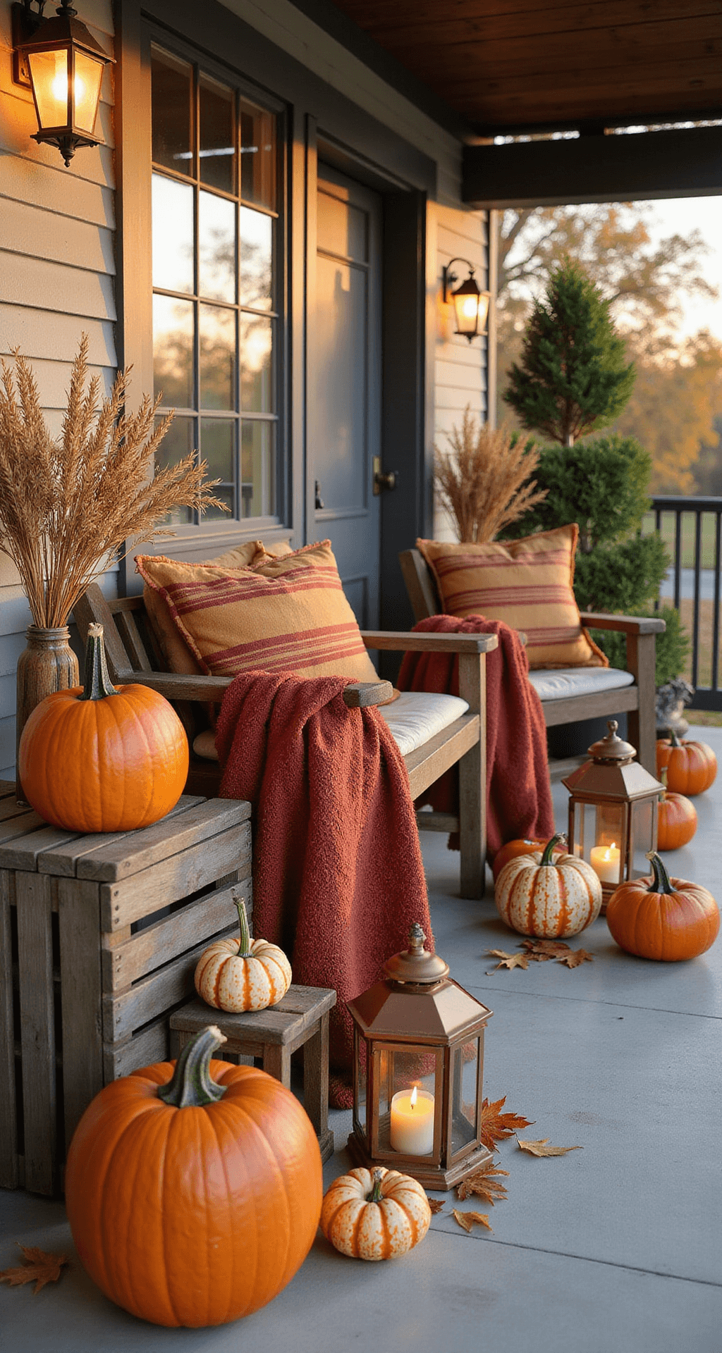Creating a Cozy Front Porch: Your Ultimate Styling Guide Autumn-themed porch styled with warm colors, featuring an array of pumpkins and gourds on wooden crates, cozy seating with rust-colored throws, vintage copper lanterns for lighting, and natural elements like dried corn stalks and autumn leaves, all bathed in golden hour lighting.