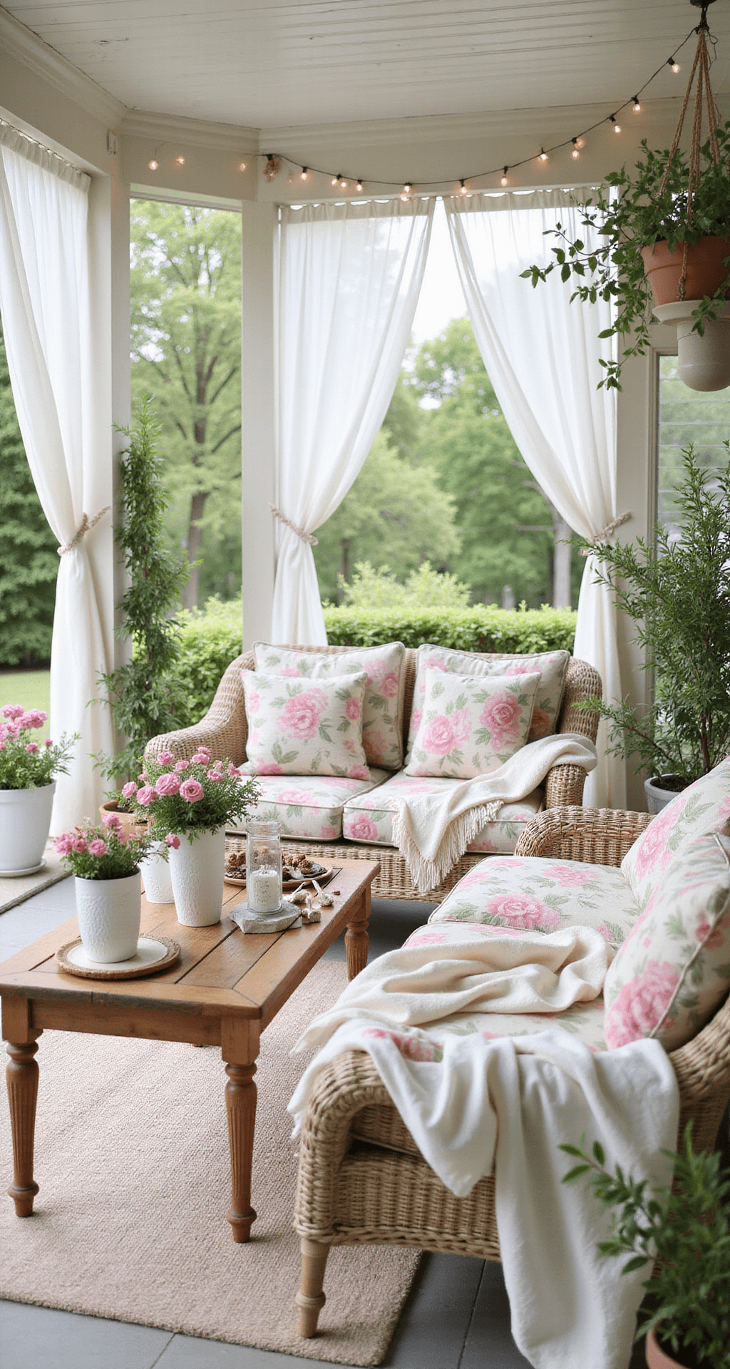 Creating a Cozy Front Porch: Your Ultimate Styling Guide A bright and cheerful spring porch scene featuring light wicker furniture with floral print cushions, pastel-colored decorations in blush pink, sage green, and cream whites, sheer white curtains, fresh flowering plants in white ceramic planters, delicate string lights, and glass lanterns, all bathed in soft morning light.