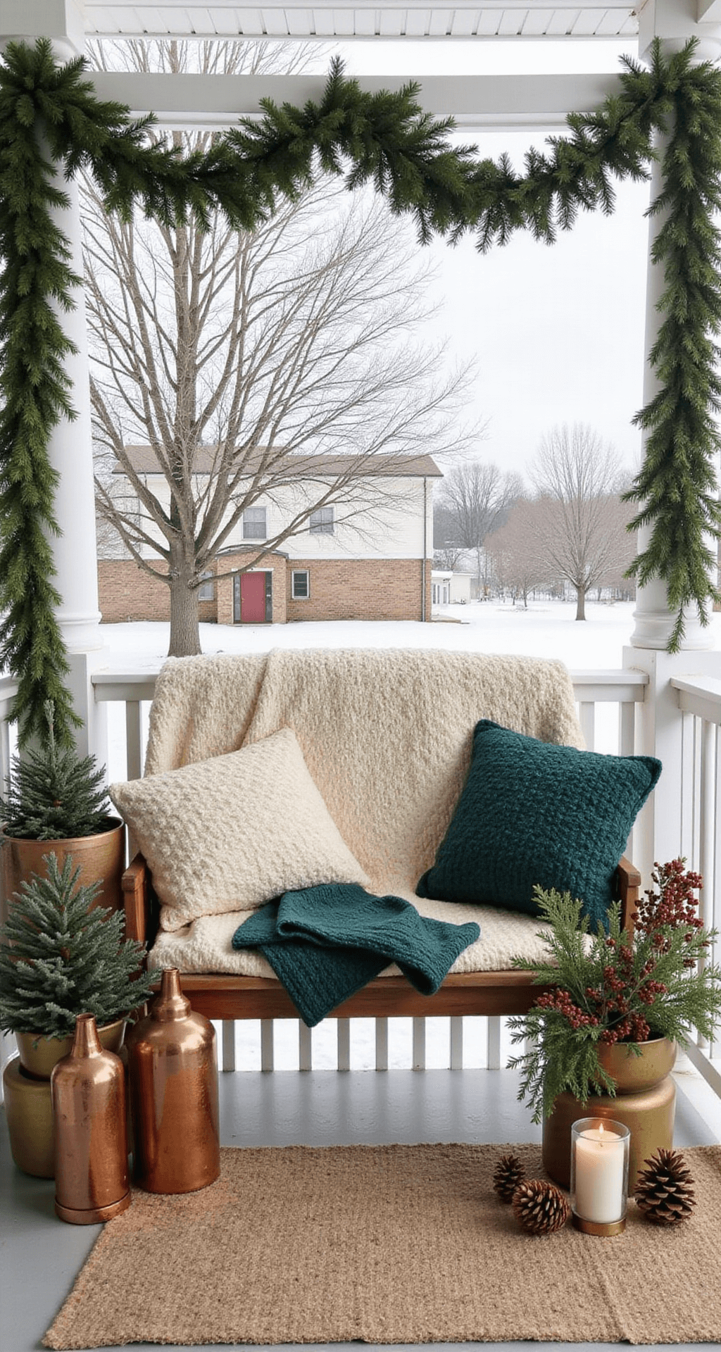 Creating a Cozy Front Porch: Your Ultimate Styling Guide A cozy winter porch featuring evergreen garland on white railings, chunky knit blankets in cream and forest green, metallic copper and brass accents in lanterns and planters, and a rustic wooden bench with steaming mugs, all set against a soft, overcast backdrop.