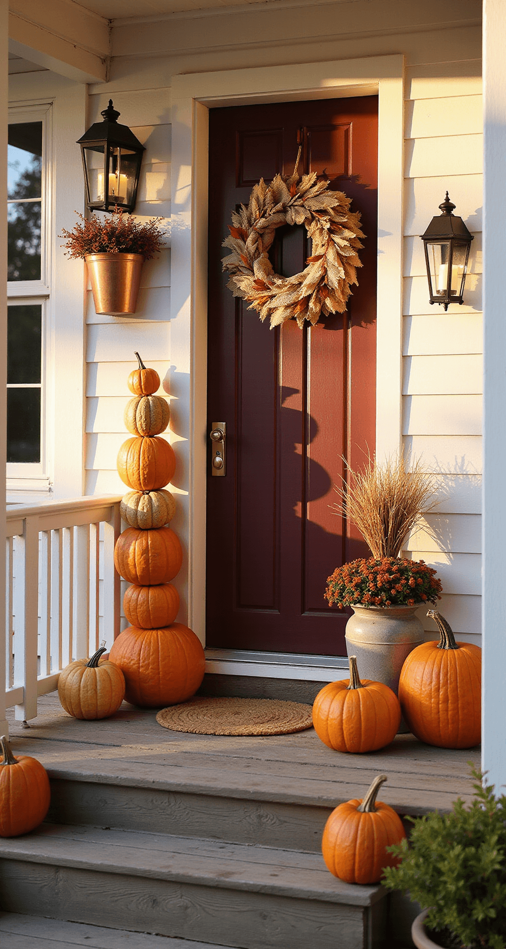 Stunning Fall Decor Ideas for Small Front Porches: Maximize Style in Minimal Space A cozy front porch in golden afternoon sunlight, featuring stacked decorative pumpkins, a burgundy door with a mixed-texture wreath, cascading autumn ivy in copper planters, and black iron lanterns with LED candles, all creating a warm, inviting atmosphere.