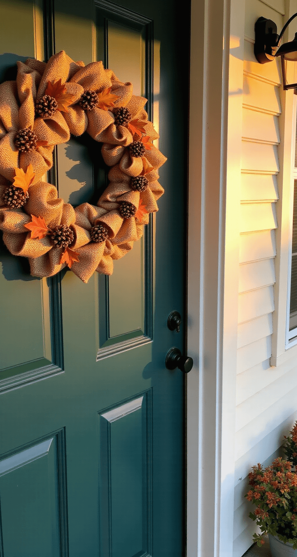 Stunning Fall Decor Ideas for Small Front Porches: Maximize Style in Minimal Space An inviting front porch features a 30-inch mixed-texture fall wreath with rust-colored burlap ribbon, preserved maple leaves, mini pinecones, and copper wire accents, set against a deep forest green door. The scene is illuminated by warm honey-toned lighting during golden hour, with soft shadows on cream-painted shiplap siding, and an eye-level perspective highlights the wreath's intricate details amidst a blurred background of coordinating porch elements.