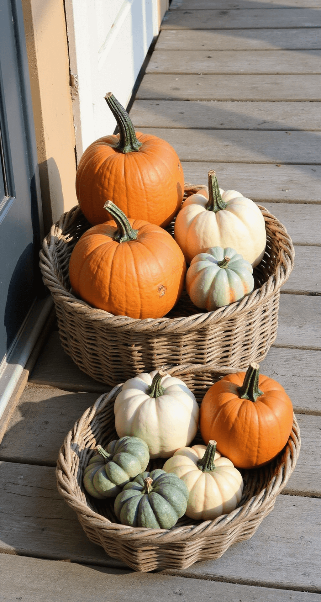 Stunning Fall Decor Ideas for Small Front Porches: Maximize Style in Minimal Space A beautifully styled small porch with a warm morning light showcasing a thoughtful arrangement of heirloom pumpkins in orange, creamy white, and sage green, elevated by woven baskets of varying heights against a rustic wooden backdrop, capturing the essence of autumn abundance.