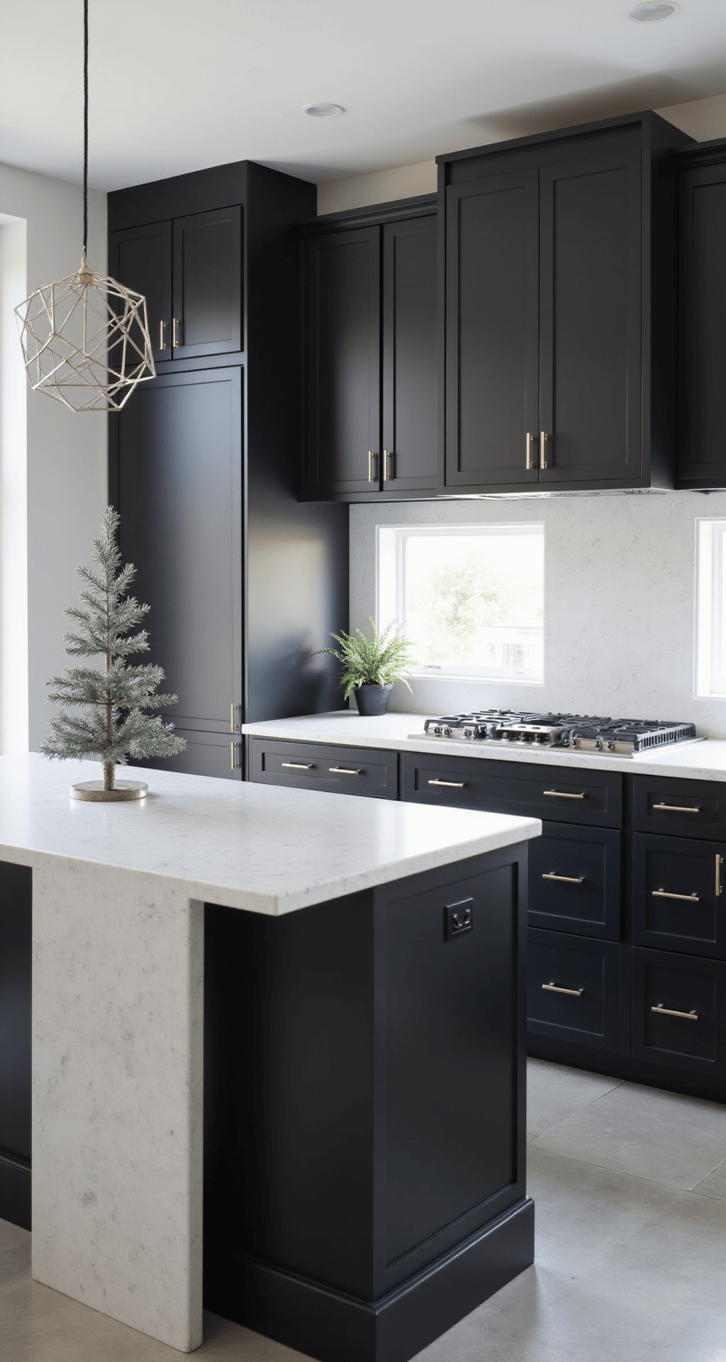 A contemporary kitchen with minimalist holiday styling, featuring a geometric metal Christmas tree on a waterfall quartz island, matte black cabinetry, white walls, and concrete floors, captured with a tilt-shift lens for an architectural perspective.