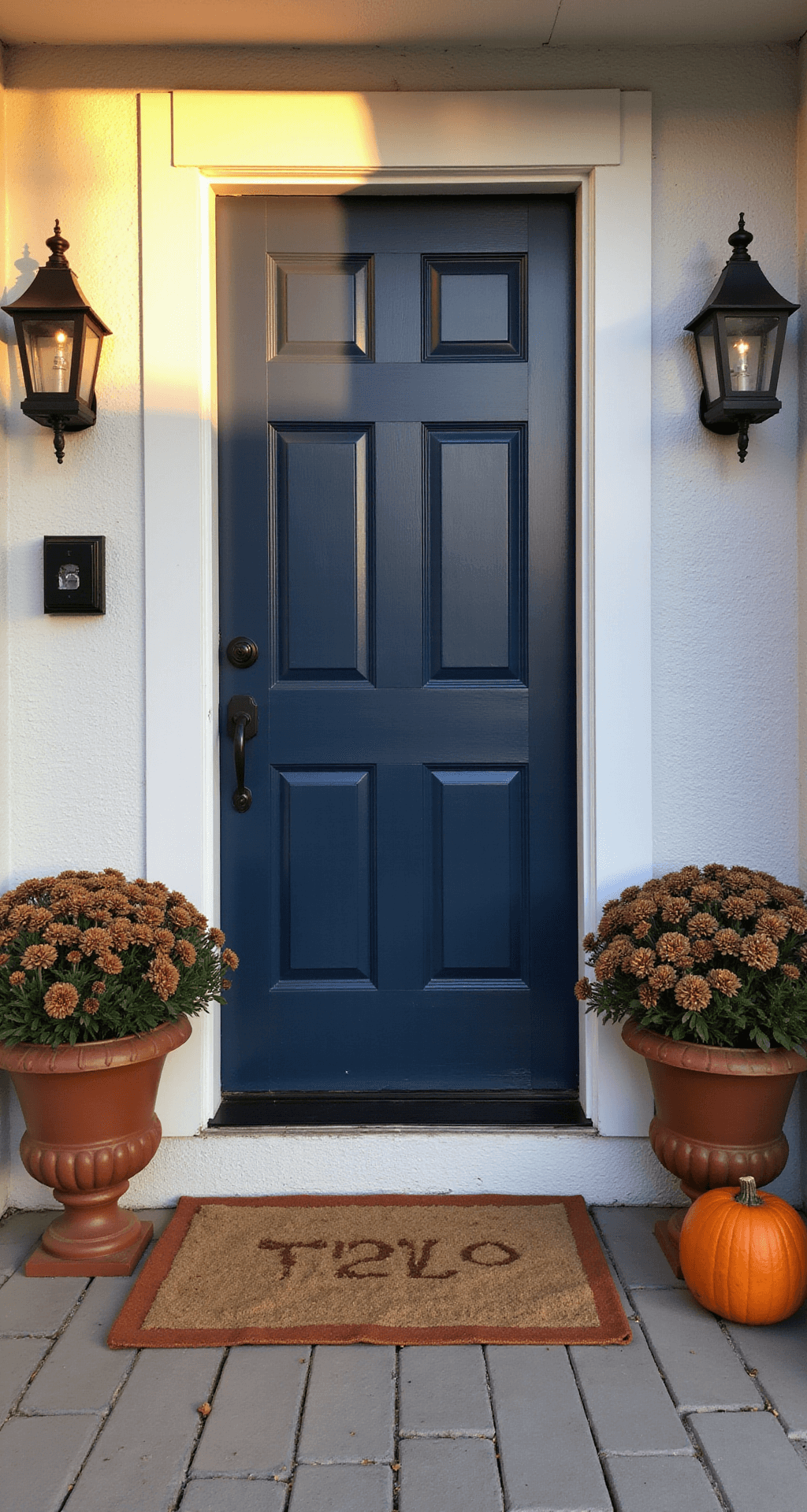 Stunning Fall Decor Ideas for Small Front Porches: Maximize Style in Minimal Space A symmetrical porch entrance at golden hour featuring a navy blue door, matching terracotta planters with bronze chrysanthemums, black lanterns for architectural framing, and balanced pumpkin arrangements, all enhanced by soft shadows and warm autumn light.